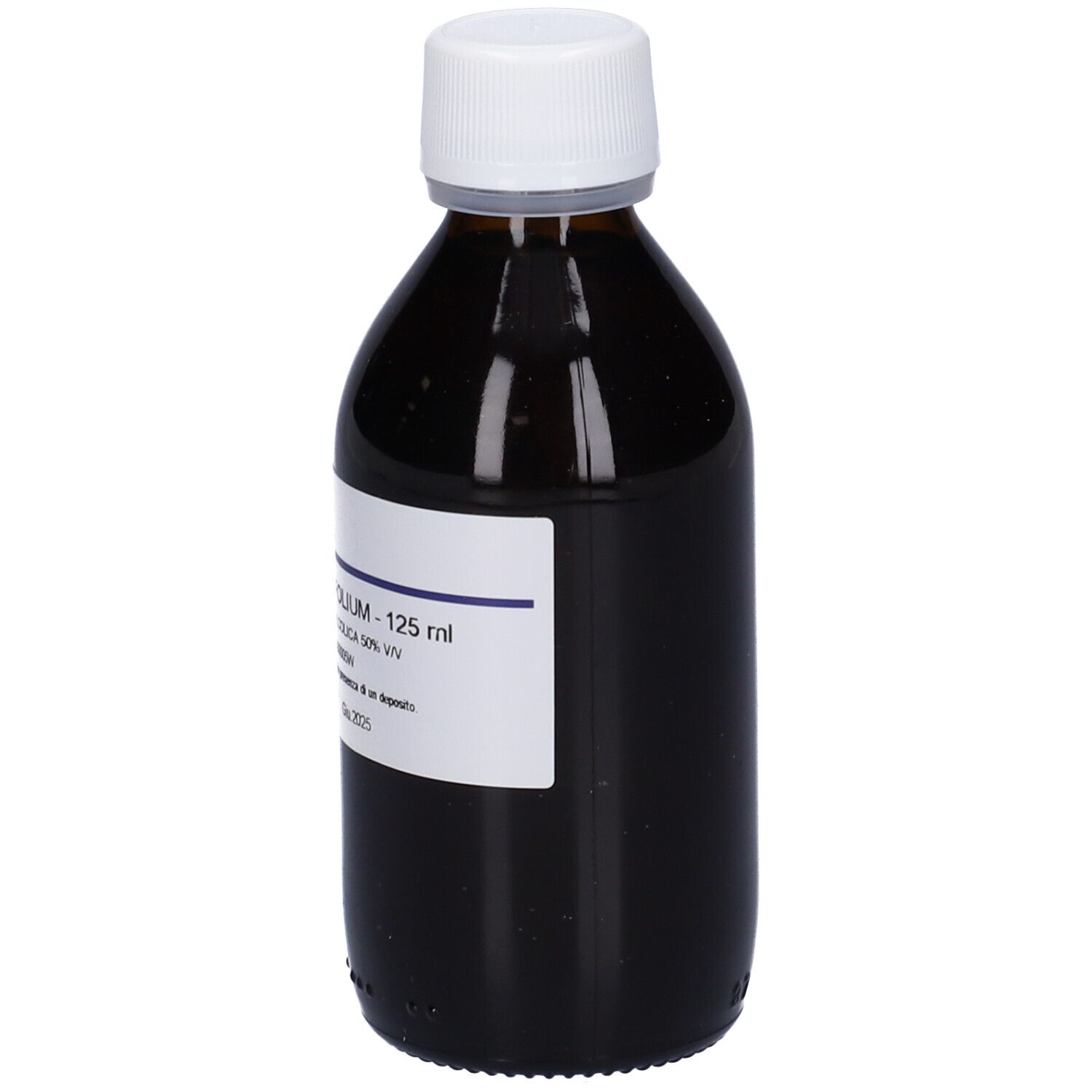 Flacone in vetro marrone con tappo a vite bianco, contenente liquido scuro. Vista frontale con etichetta.