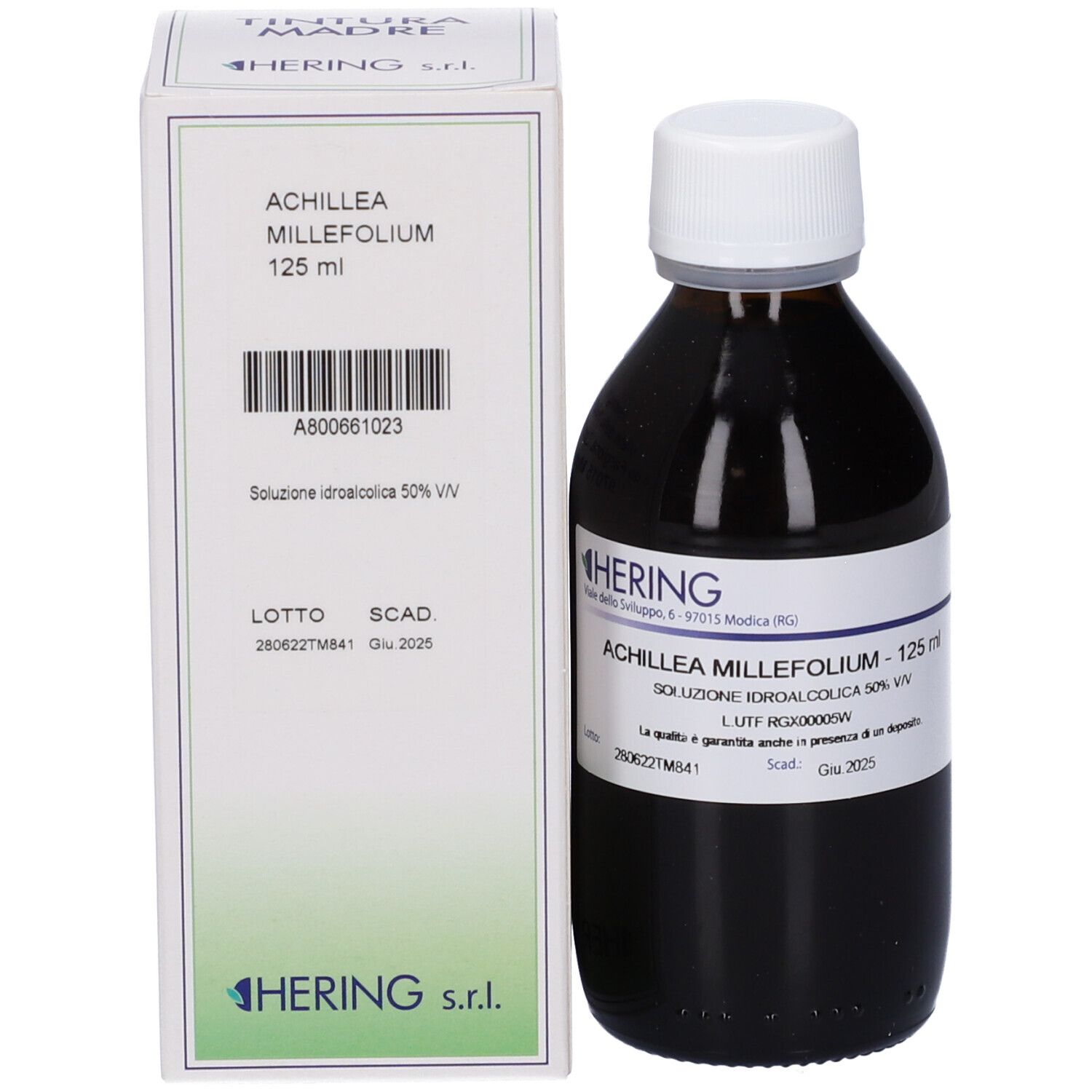 Confezione e flacone: scatola di cartone e flacone in vetro marrone con tappo a vite bianco, contenente liquido scuro.