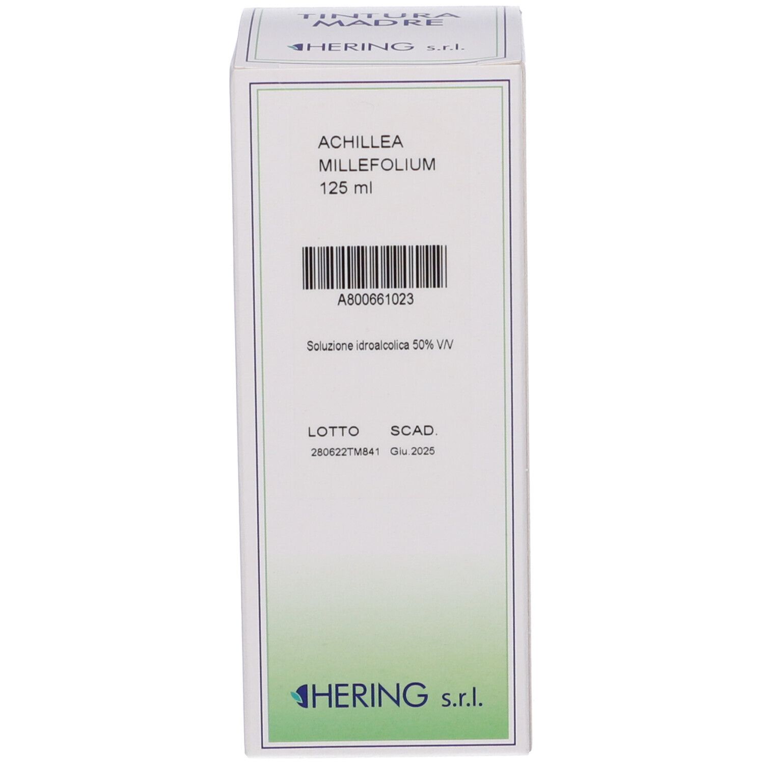 Confezione e flacone: scatola di cartone e flacone in vetro marrone con tappo a vite bianco, contenente liquido scuro.