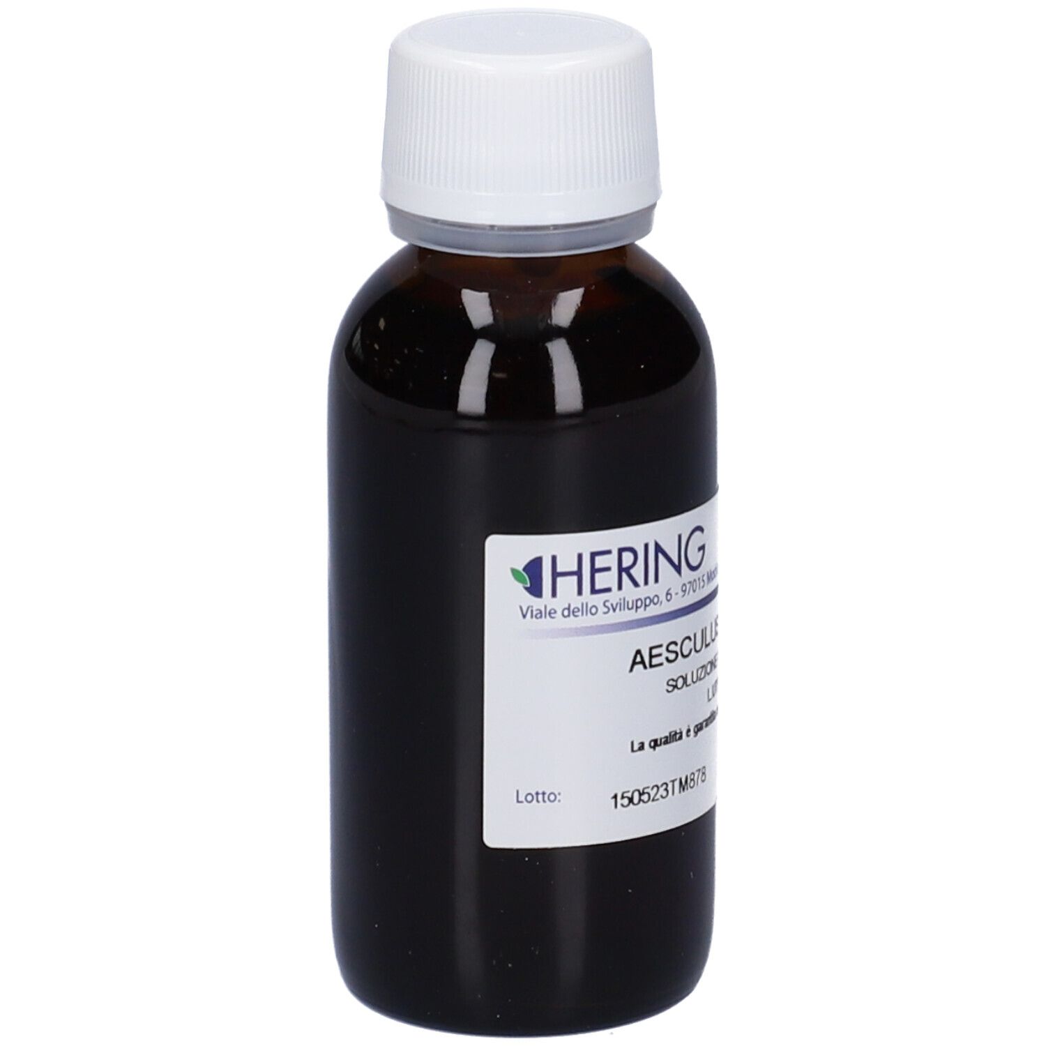 Flacone di vetro marrone con tappo bianco. Etichetta con informazioni sul prodotto. Marchio: Hering. Scritta: Aesculus Hippocast 60ml.
