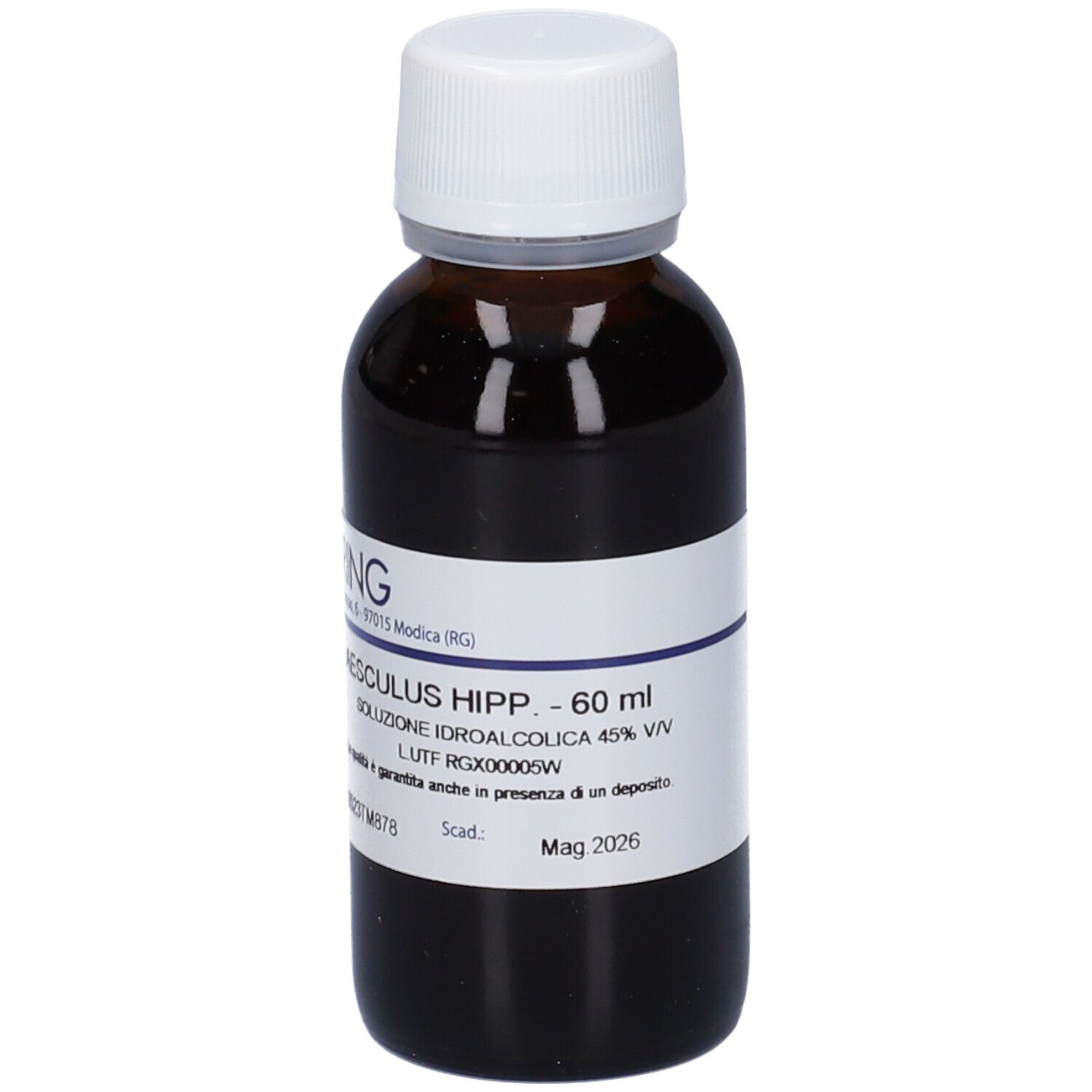 Flacone di vetro marrone con tappo bianco. Etichetta con informazioni sul prodotto. Marchio: Hering. Scritta: Aesculus Hippocast 60ml.