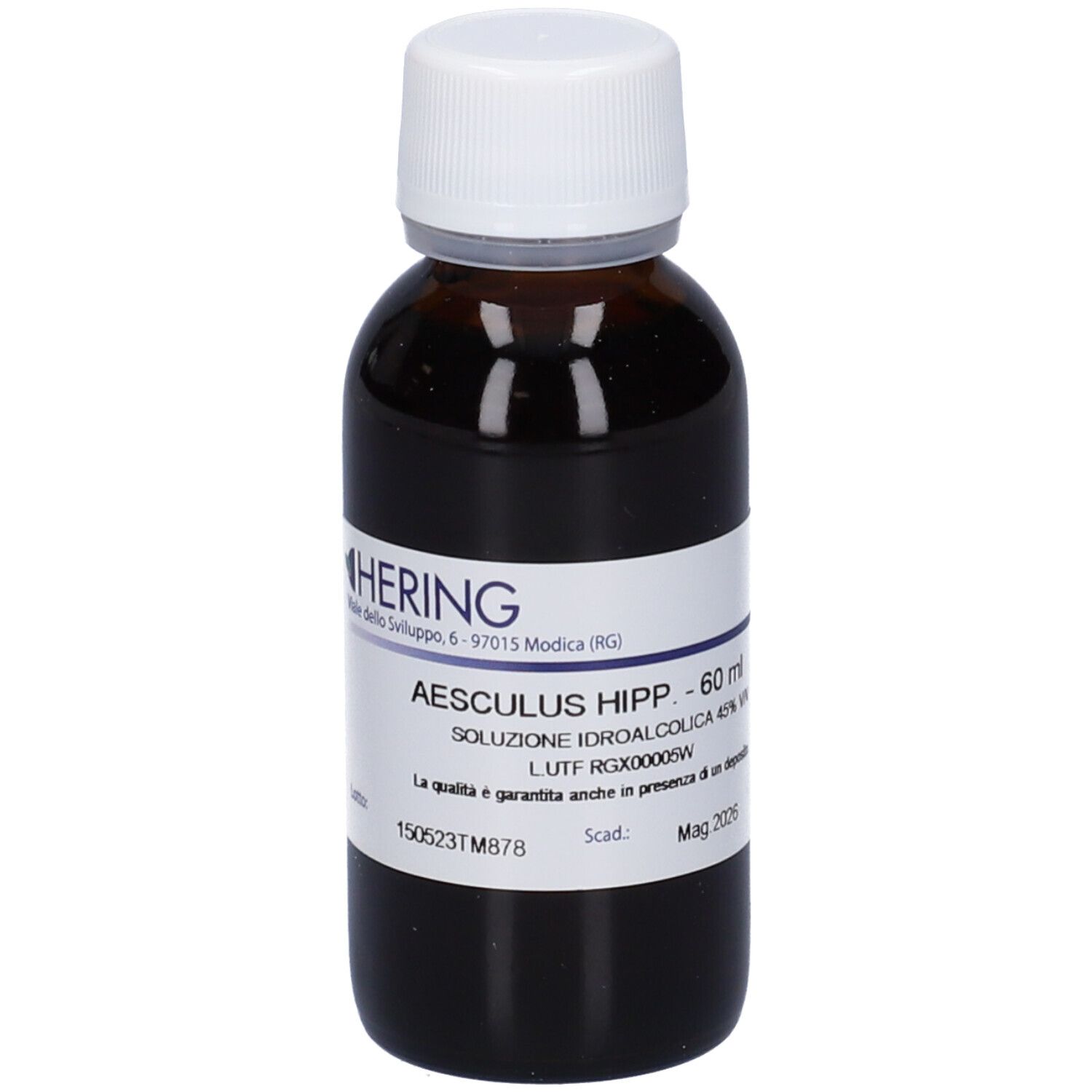 Flacone di vetro marrone con tappo bianco. Etichetta con informazioni sul prodotto. Marchio: Hering. Scritta: Aesculus Hippocast 60ml.