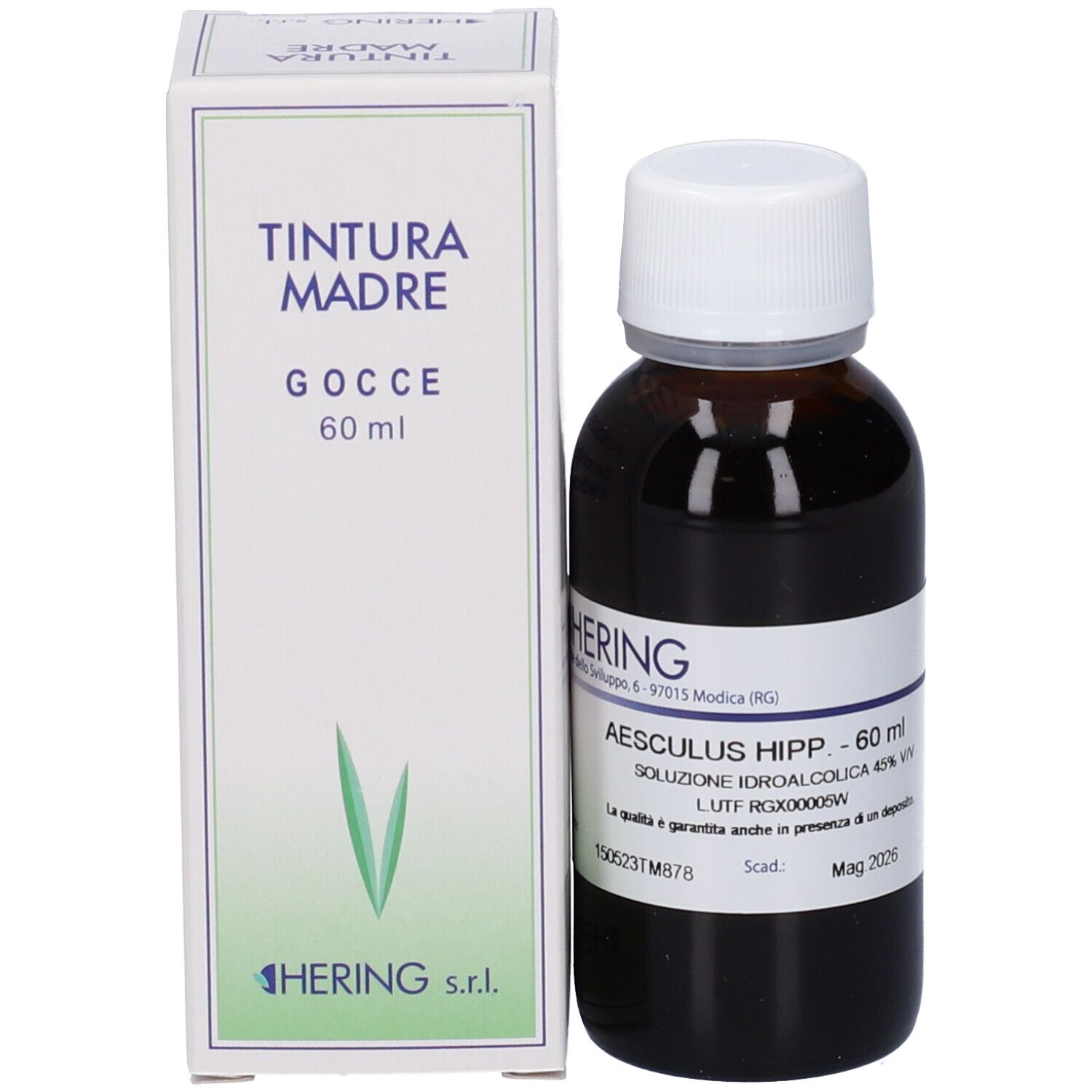 Flacone di vetro marrone con tappo bianco e scatola. Scatola con scritta: Tintura Madre, Gocce 60 ml. Marchio: Hering.