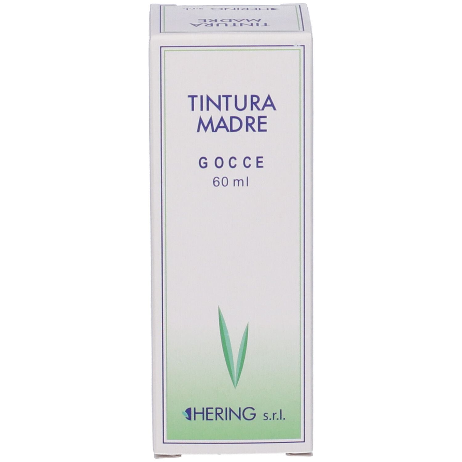 Scatola bianca con scritta: Tintura Madre, Gocce 60 ml. Marchio: Hering. Logo con foglie verdi.
