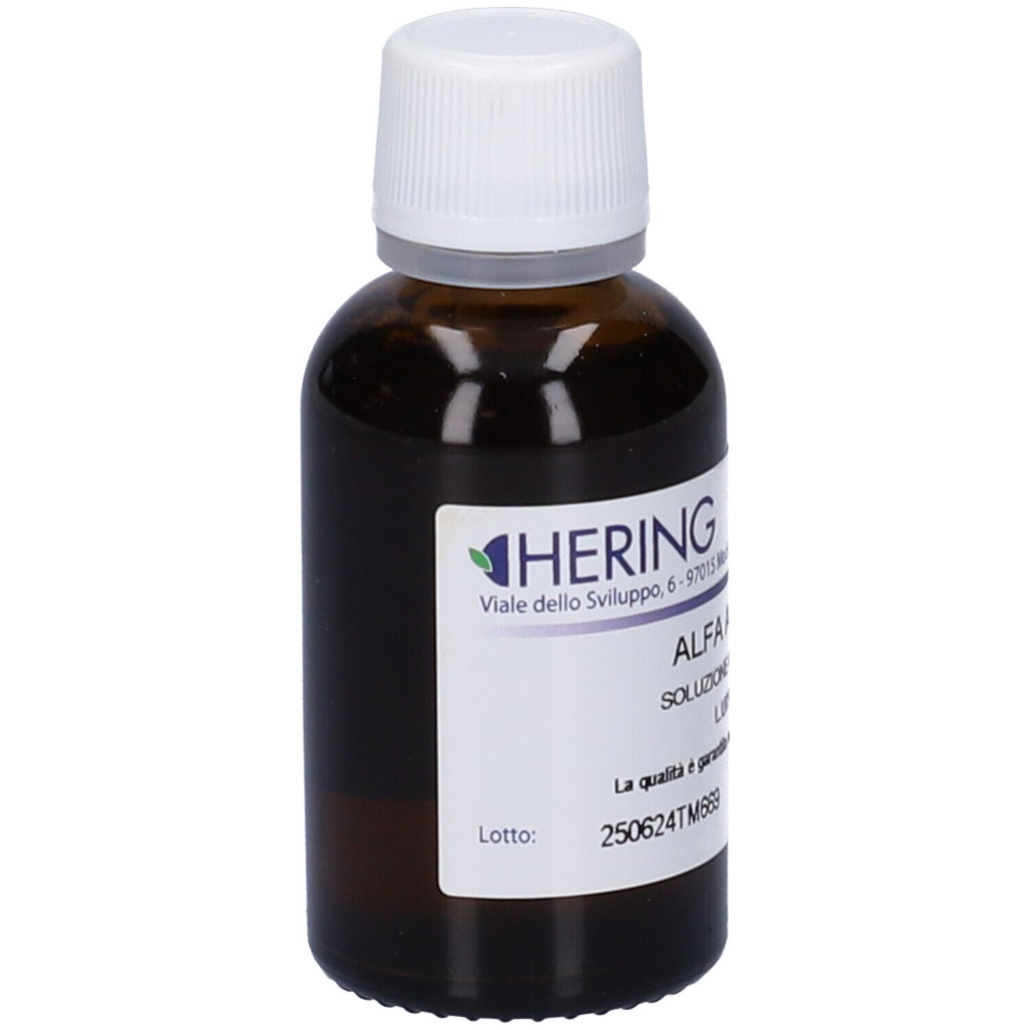 Flacone di vetro marrone con tappo bianco ed etichetta. Scritta: Alfa Alfa, 30 ml, Hering.