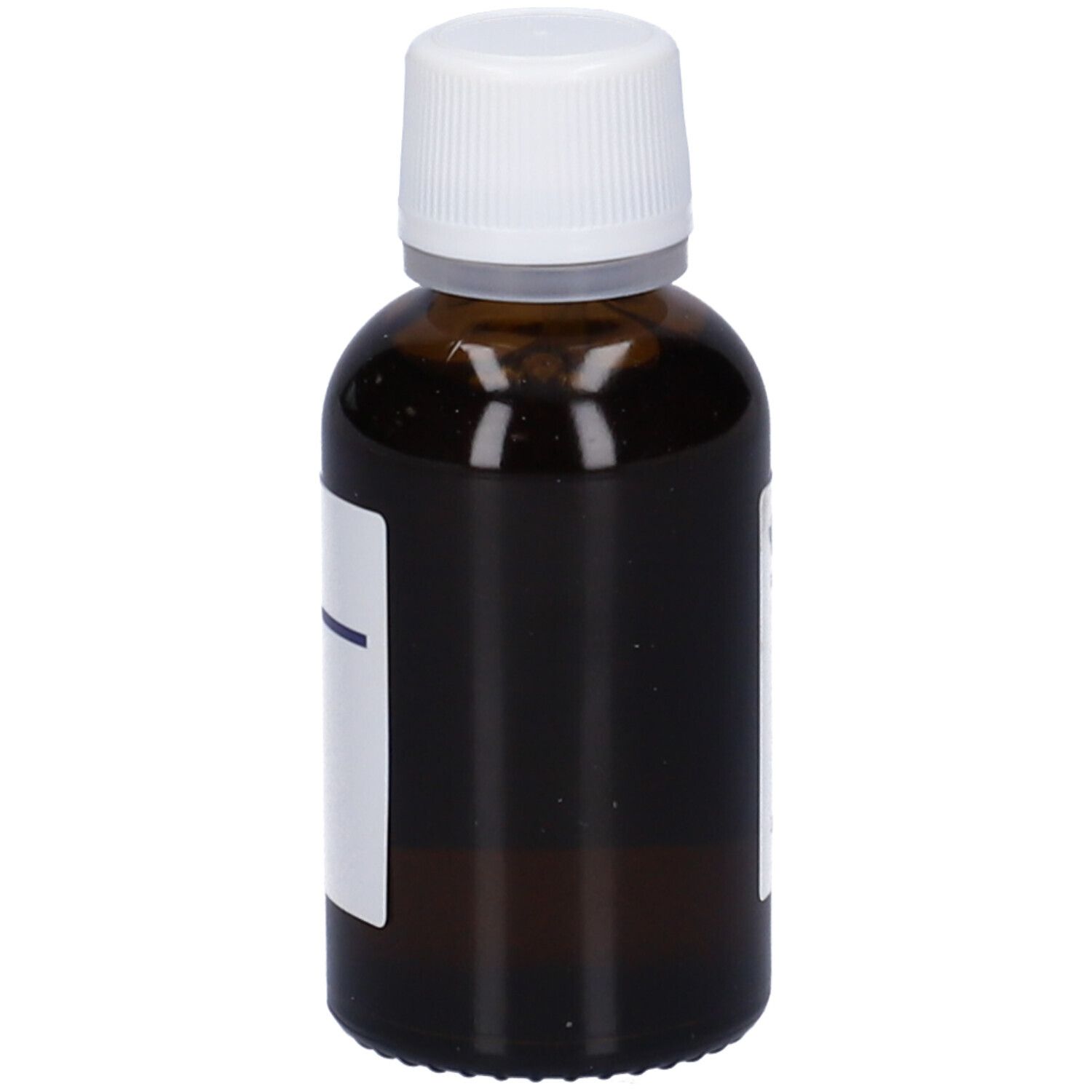 Flacone di vetro marrone con tappo bianco ed etichetta. Scritta parzialmente leggibile.