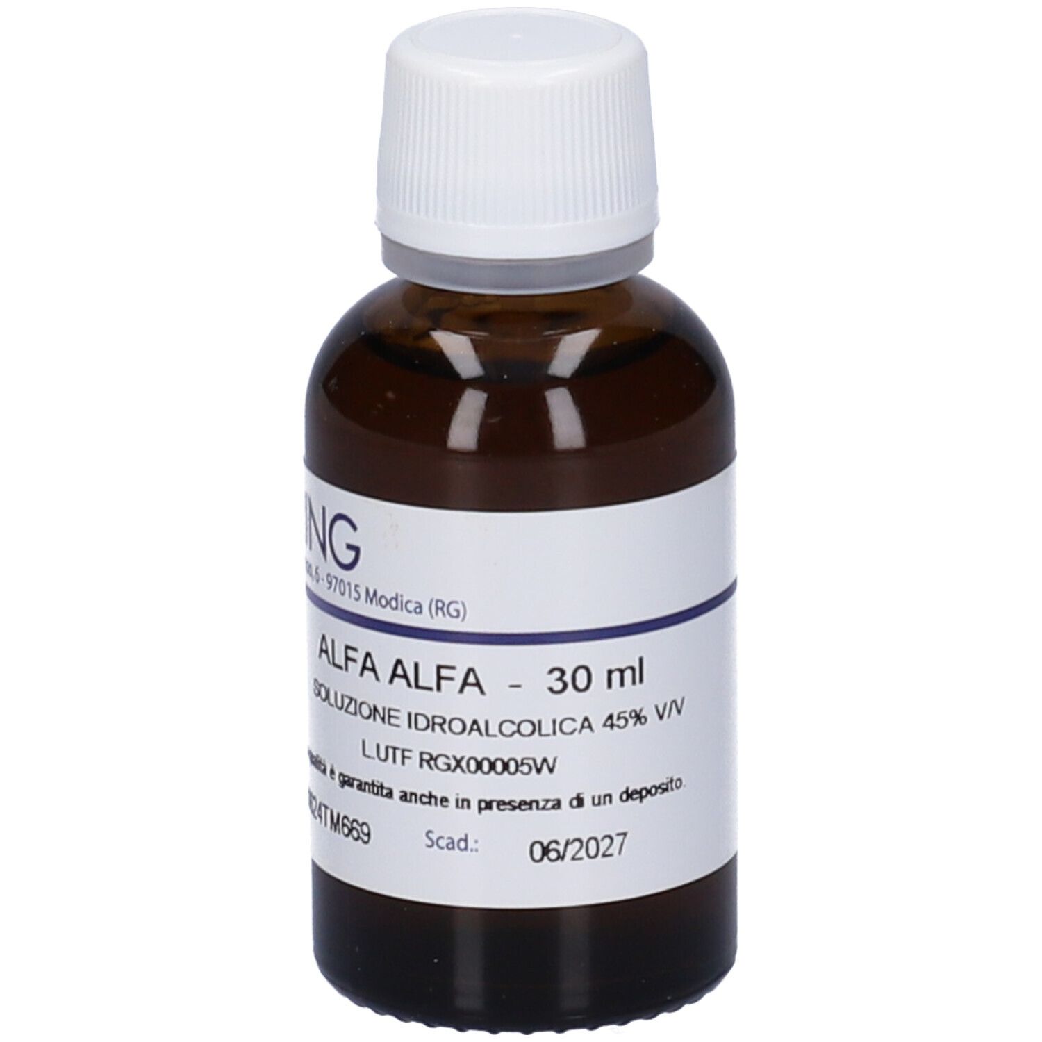 Flacone di vetro marrone con tappo bianco ed etichetta. Scritta: Alfa Alfa, 30 ml, Hering.