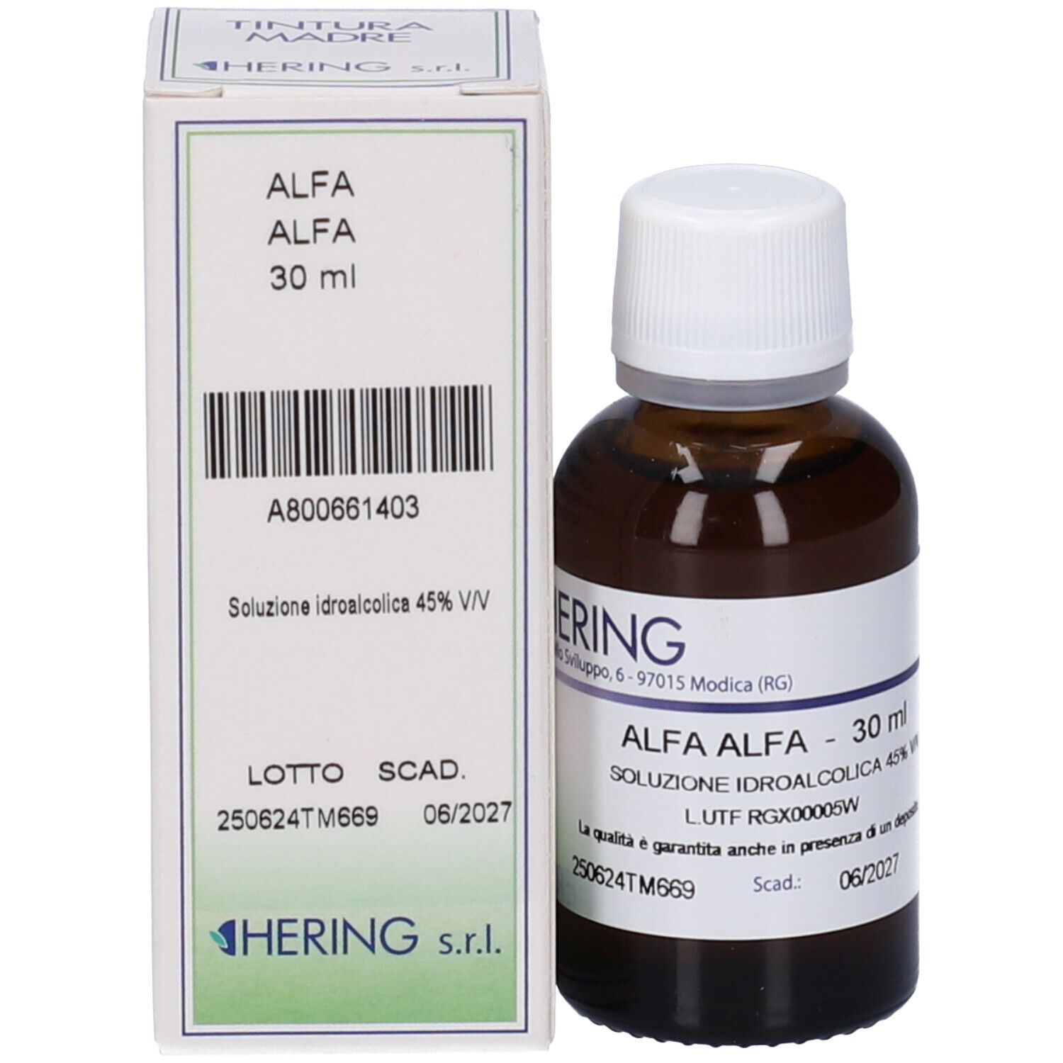 Flacone di vetro marrone con tappo bianco e scatola. Scritta: Alfa Alfa, 30 ml, Hering.