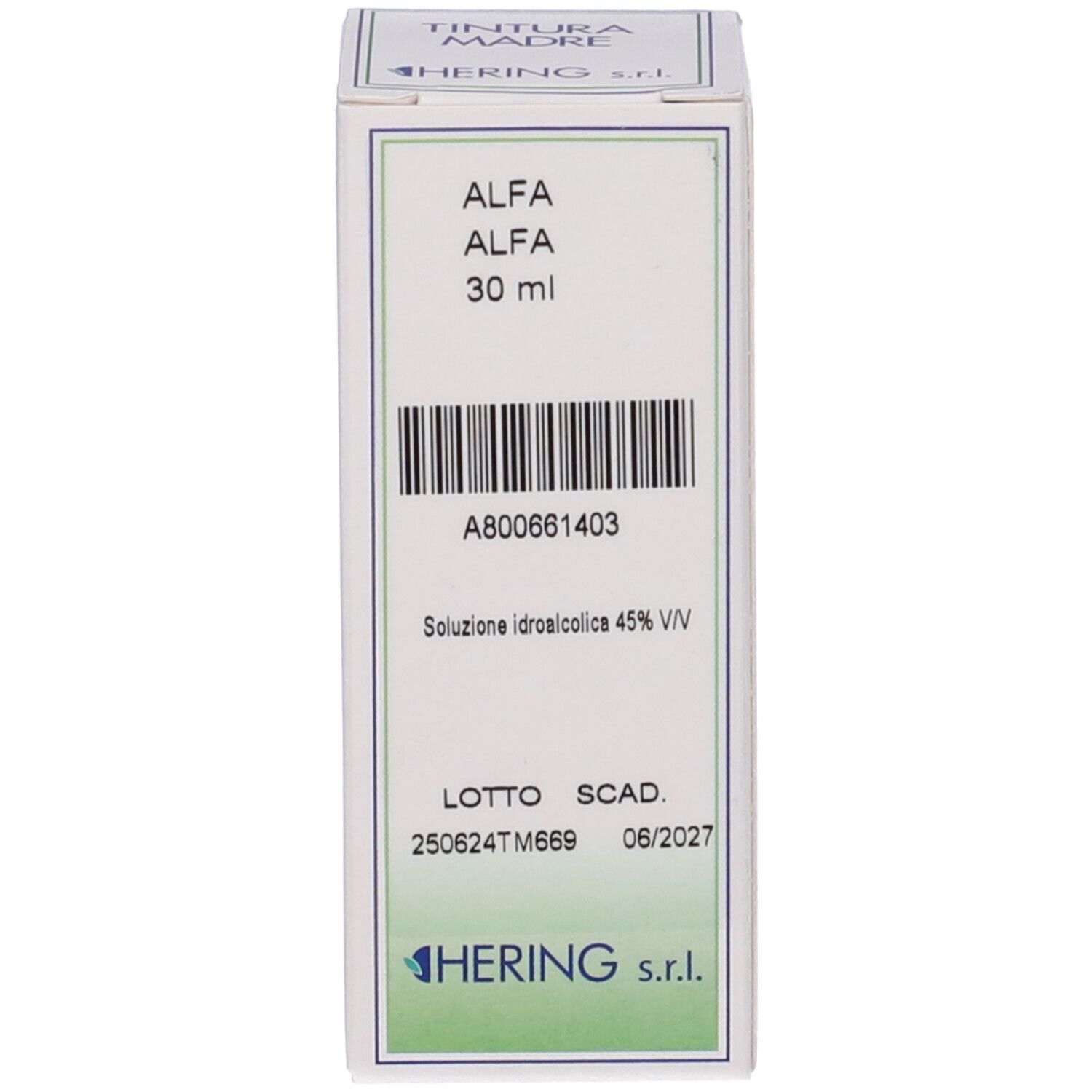 Scatola con scritta: Alfa Alfa, 30 ml, Hering.