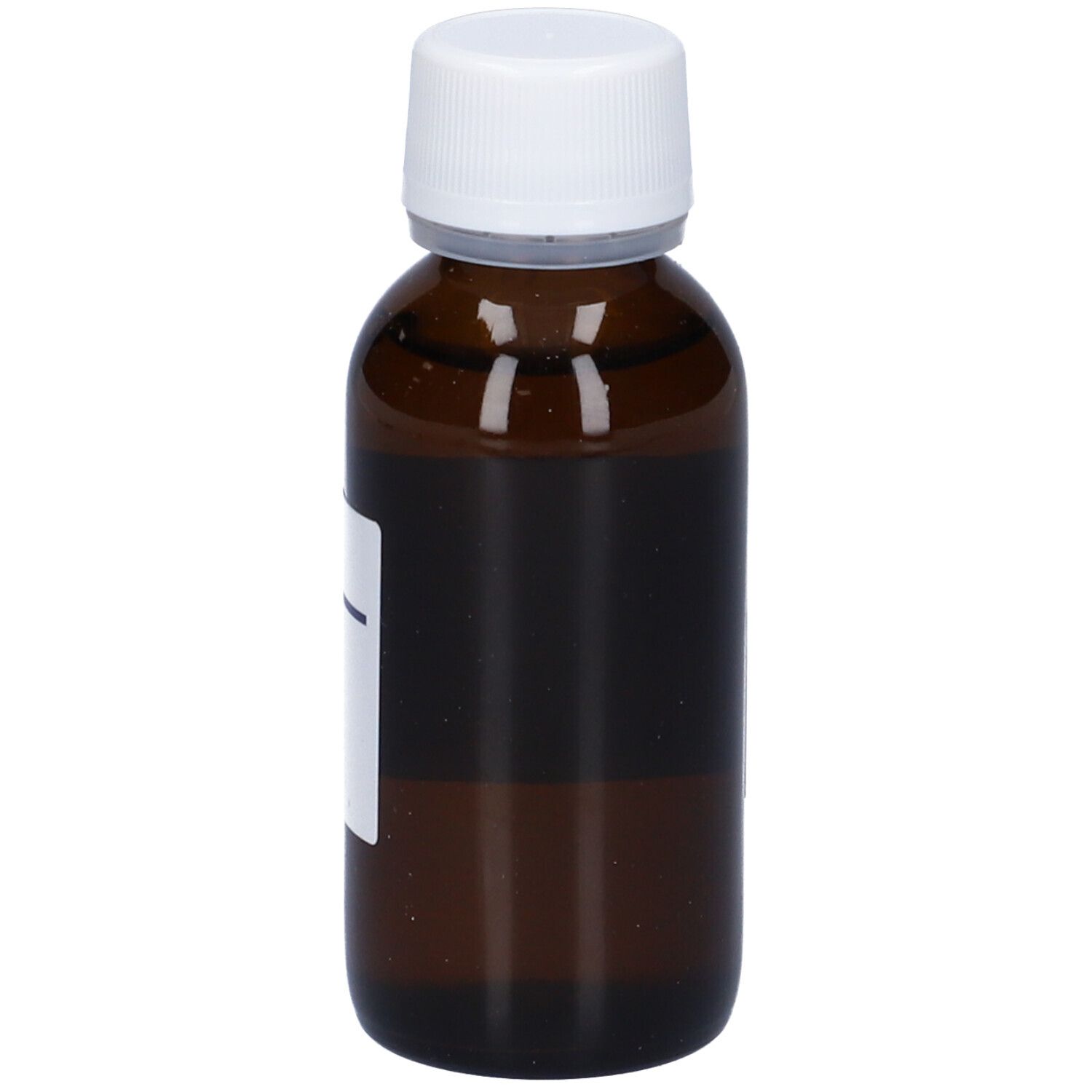 Flacone di vetro marrone con tappo bianco. Etichetta parzialmente visibile. Informazioni sul prodotto sull'etichetta.