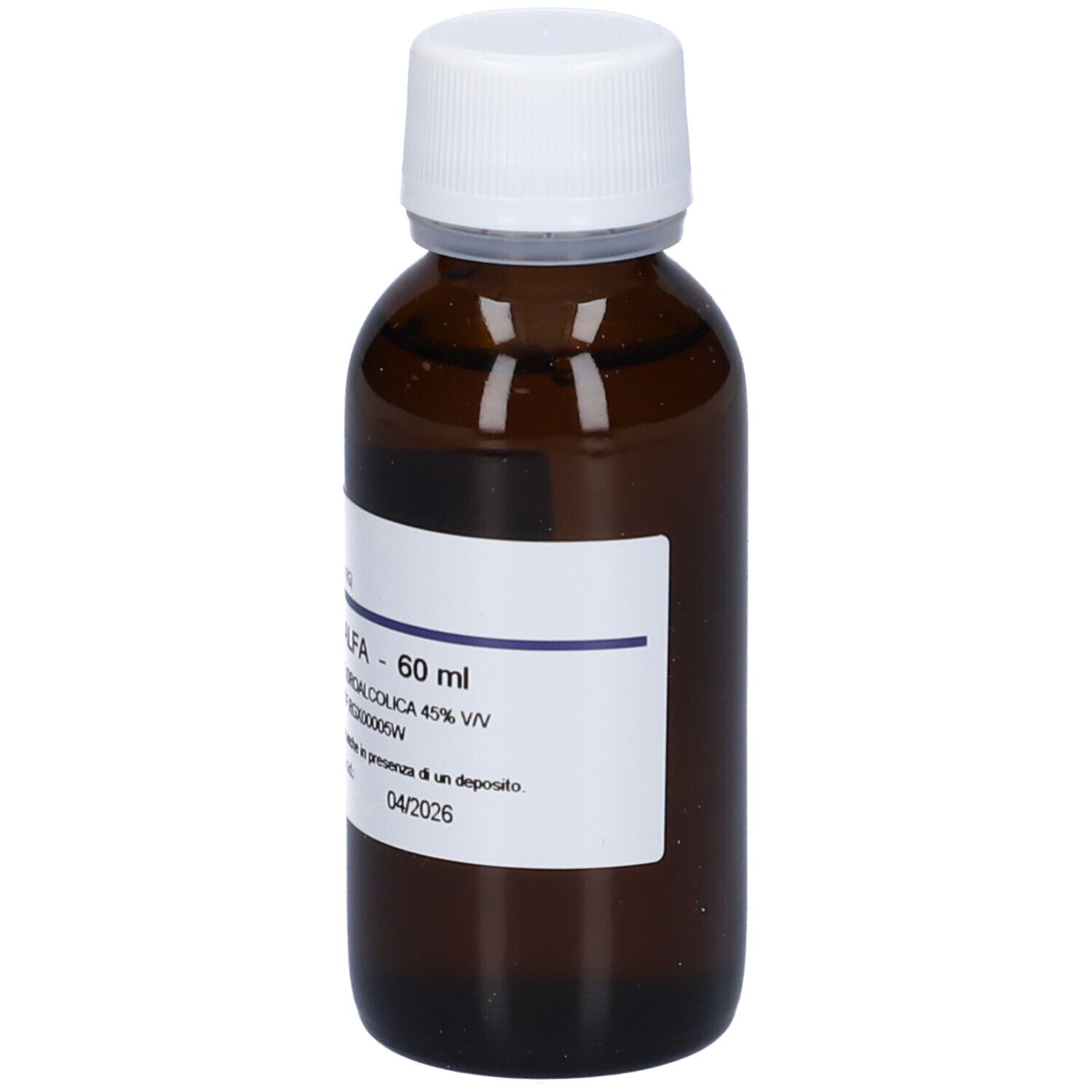 Flacone di vetro marrone con tappo bianco ed etichetta. Scritta: Alfa Alfa, 60 ml, soluzione. Marchio: Hering.