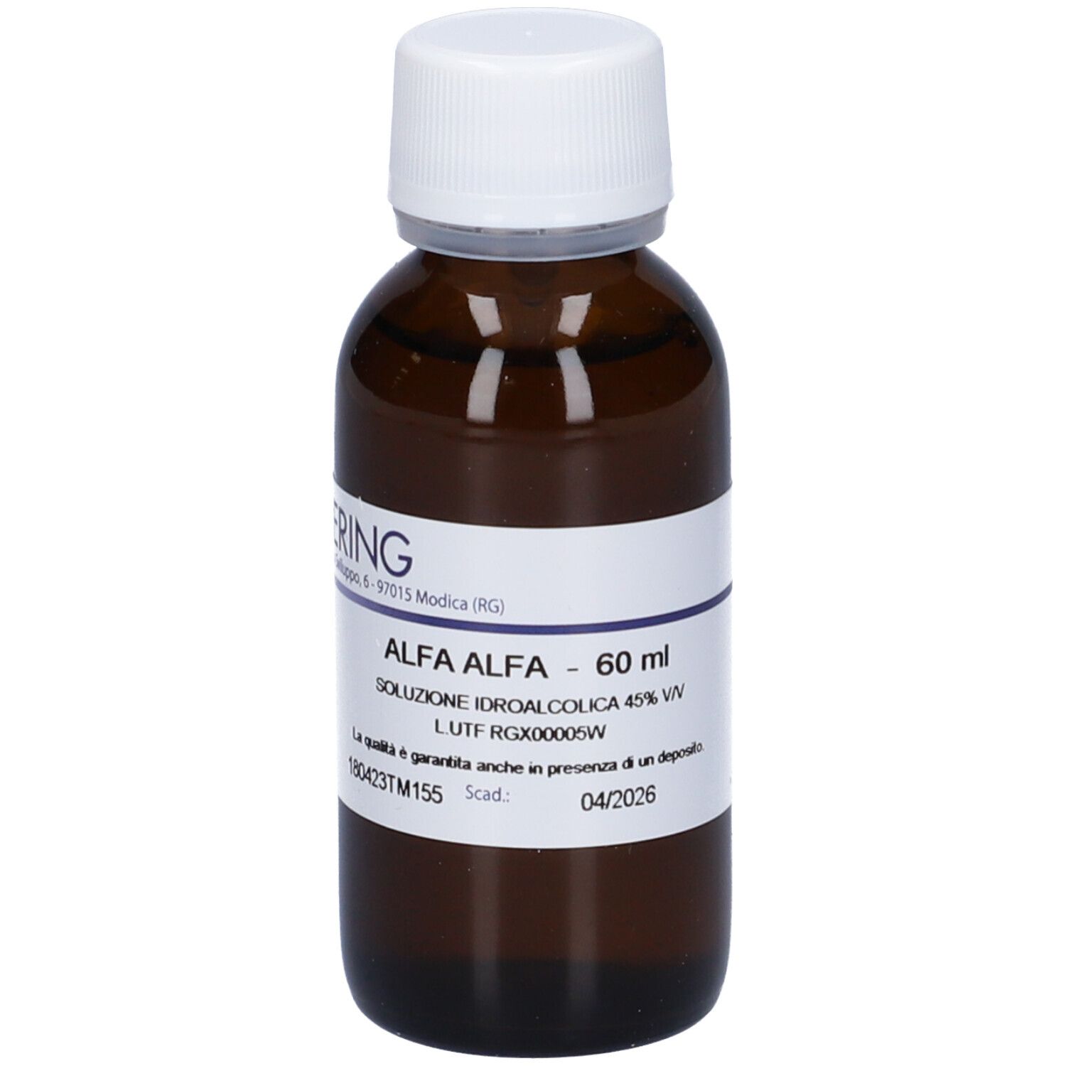 Flacone di vetro marrone con tappo bianco ed etichetta. Scritta: Alfa Alfa, 60 ml, soluzione. Marchio: Hering.