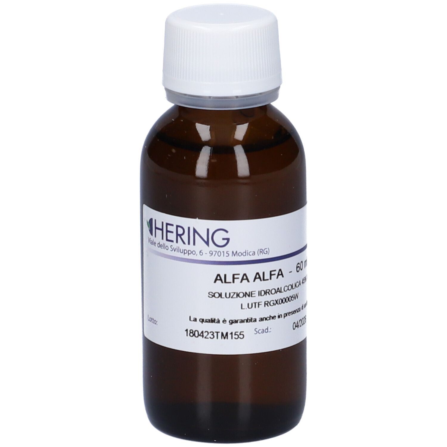 Flacone di vetro marrone con tappo bianco ed etichetta. Scritta: Alfa Alfa, 60 ml, soluzione. Marchio: Hering.