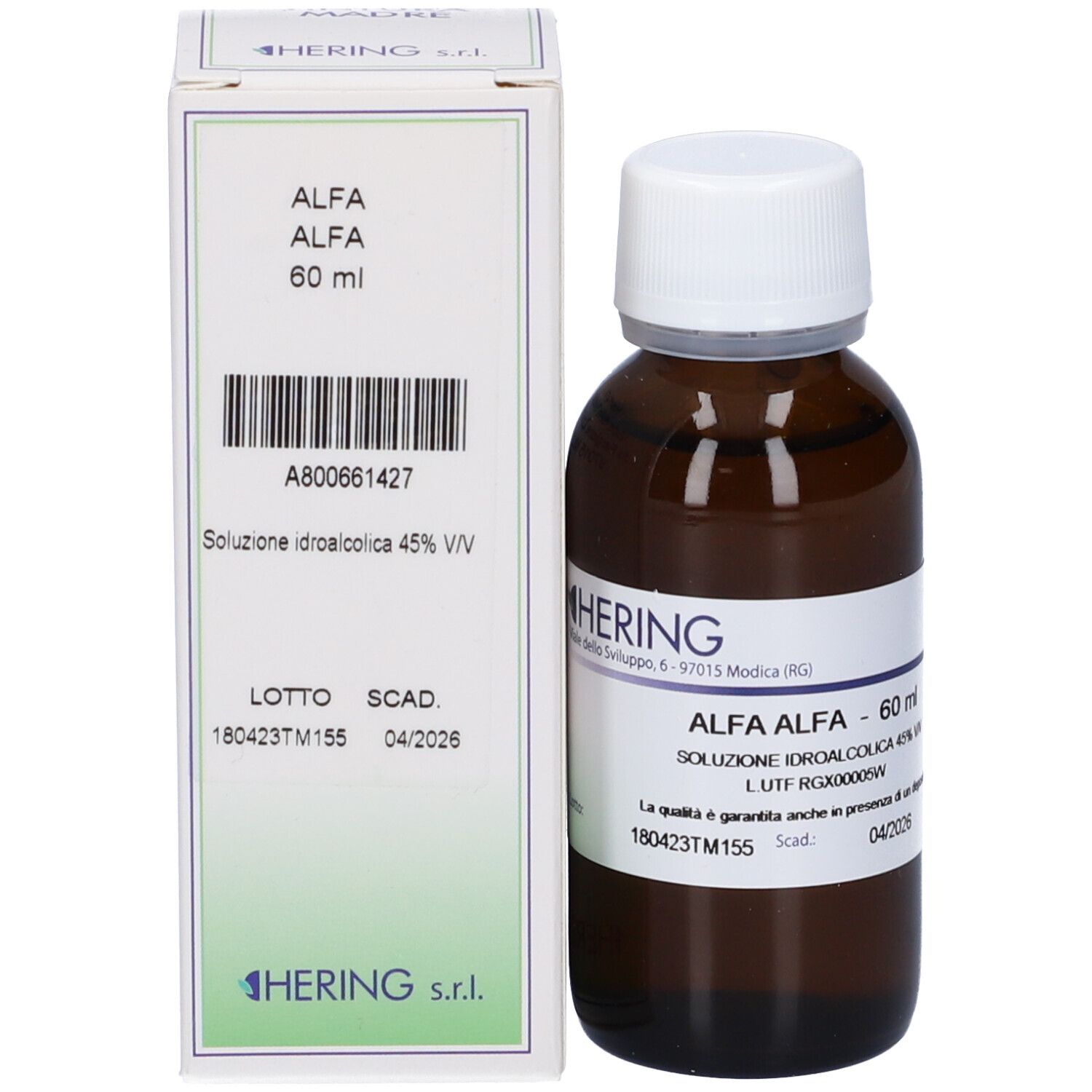 Flacone di vetro marrone con tappo bianco e scatola. Scatola con informazioni sul prodotto. Marchio: Hering.