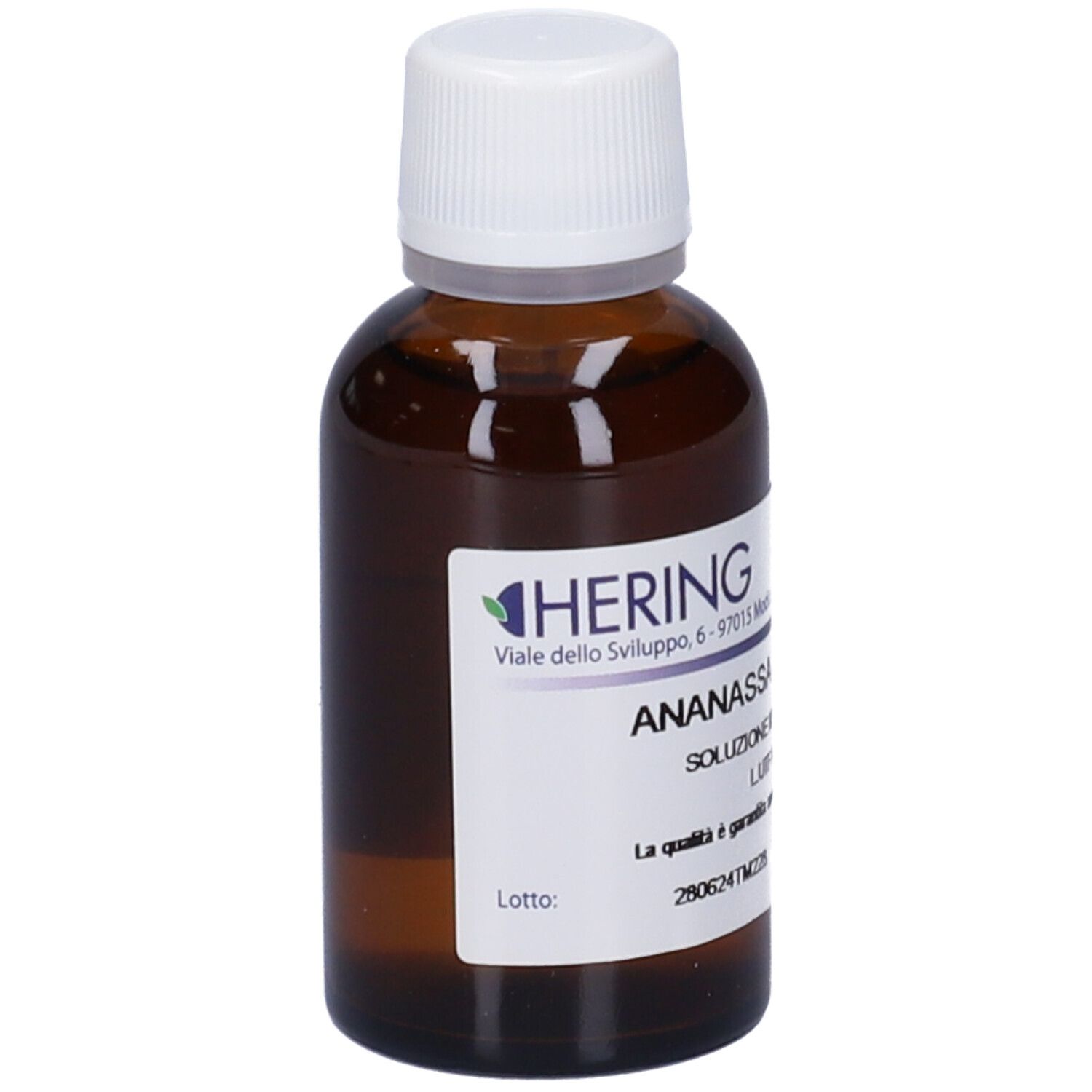 Flacone di vetro marrone con tappo bianco. Etichetta con testo: ANANASSA SATIVA - 30 ml. Marchio HERING.