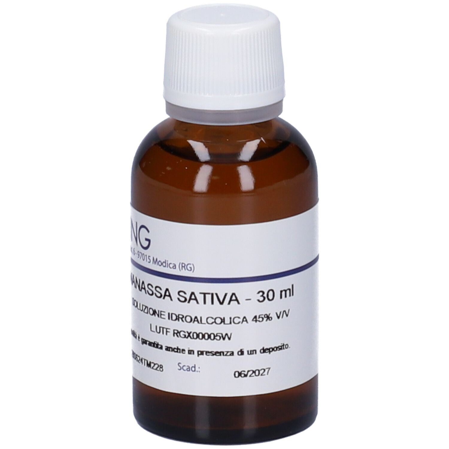 Flacone di vetro marrone con tappo bianco. Etichetta con testo: ANANASSA SATIVA - 30 ml. Marchio HERING.