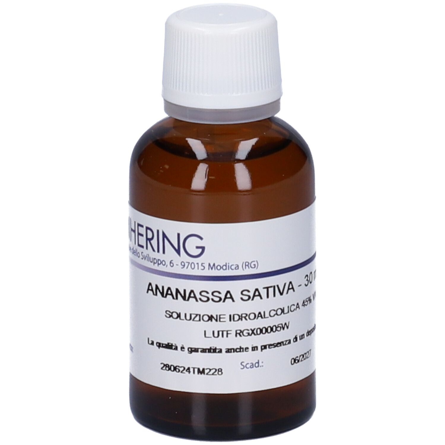 Flacone di vetro marrone con tappo bianco. Etichetta con testo: ANANASSA SATIVA - 30 ml. Marchio HERING.