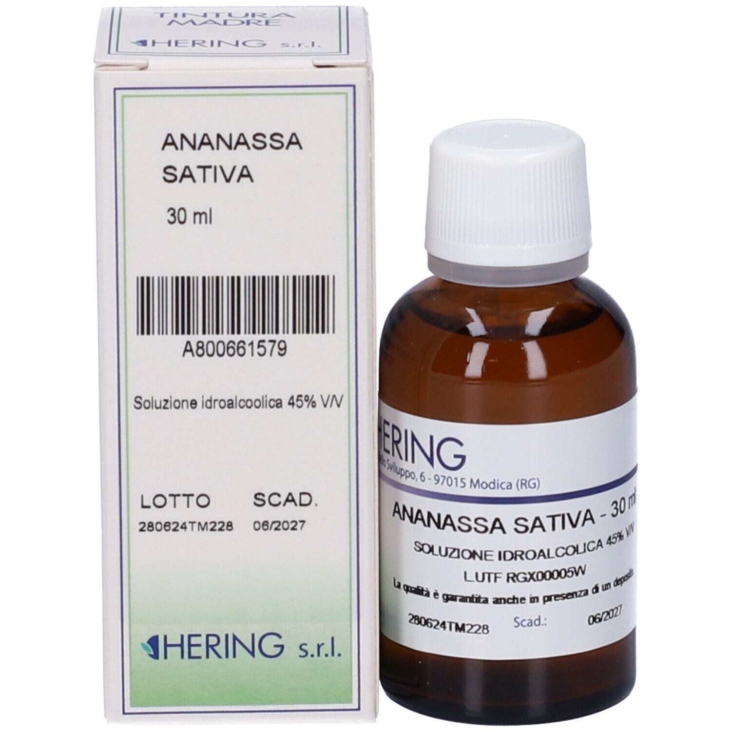 Flacone di vetro marrone con tappo bianco e scatola. Scatola con testo: ANANASSA SATIVA - 30 ml. Marchio HERING.
