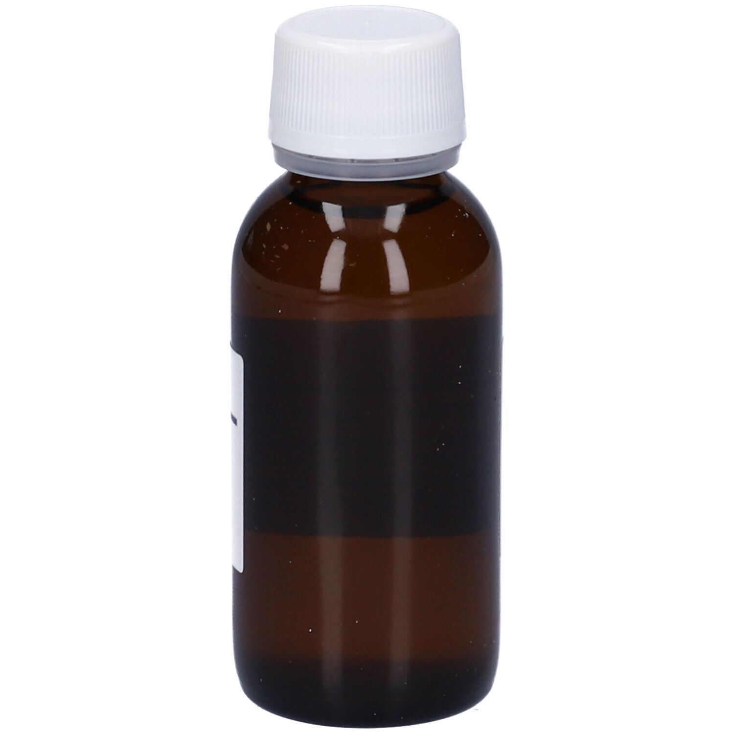 Flacone di vetro marrone con tappo bianco. Etichetta parzialmente visibile. Nome del prodotto non riconoscibile.