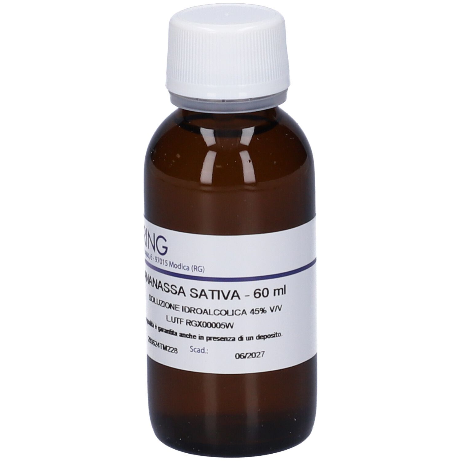 Flacone di vetro marrone con tappo bianco ed etichetta. Scritta: Ananassa Sativa - 60 ml.