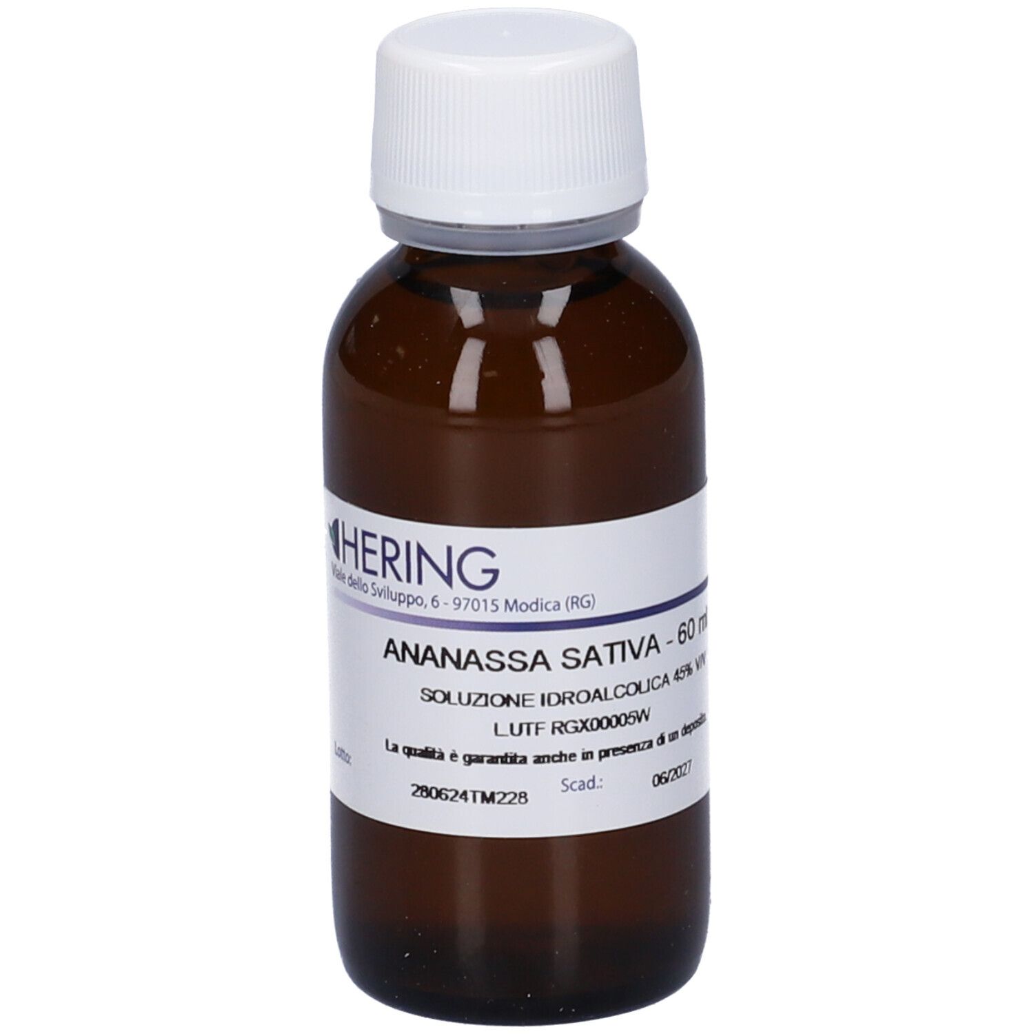 Flacone di vetro marrone con tappo bianco ed etichetta. Scritta: Ananassa Sativa - 60 ml.