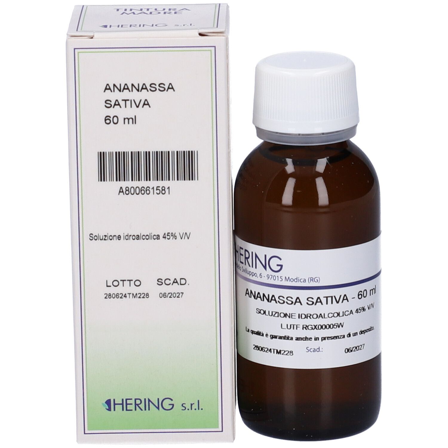 Flacone di vetro marrone con tappo bianco e scatola. Scatola con nome del prodotto e logo. Flacone accanto.