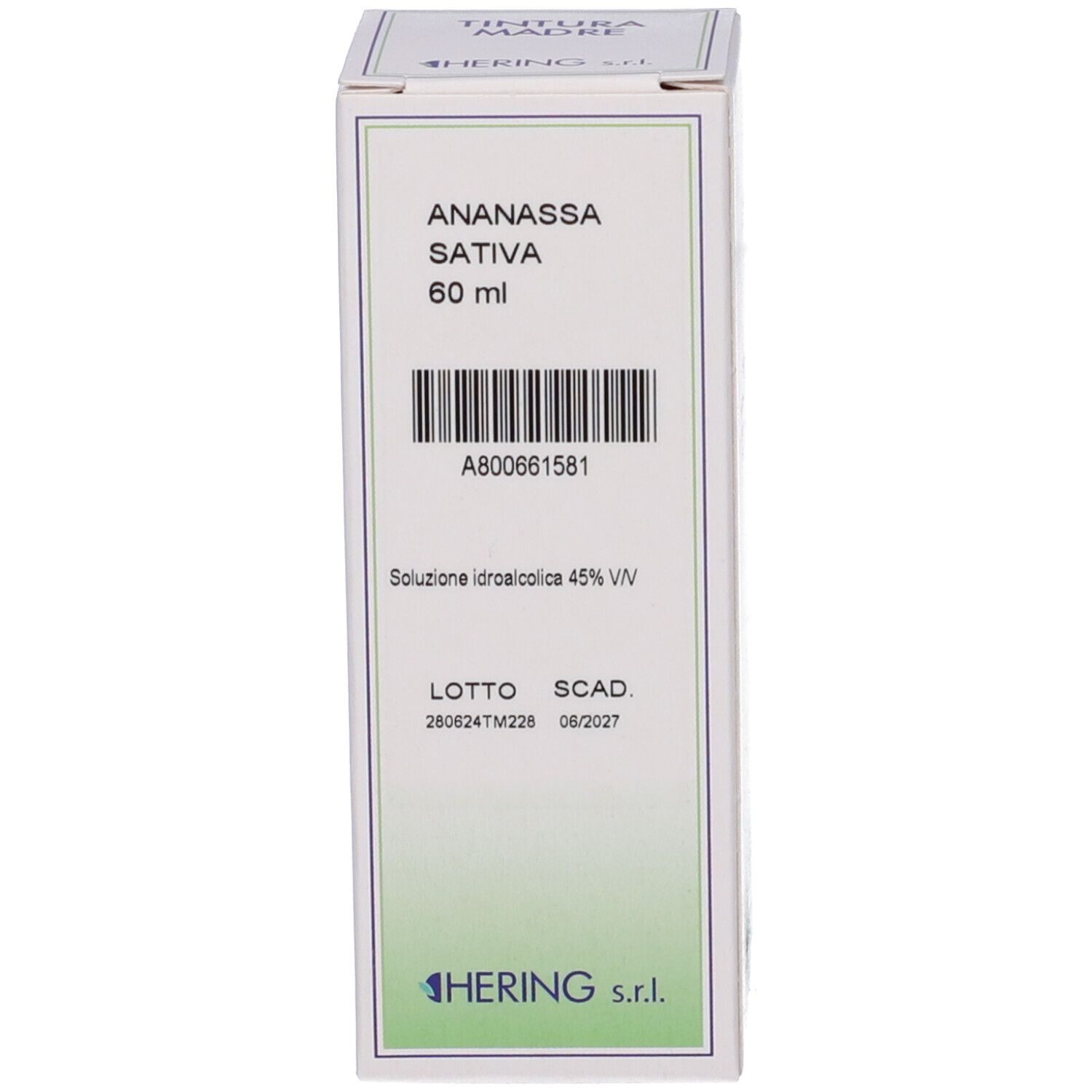 Scatola con nome del prodotto e logo. Testo: Ananassa Sativa, 60 ml. Logo del produttore in basso.