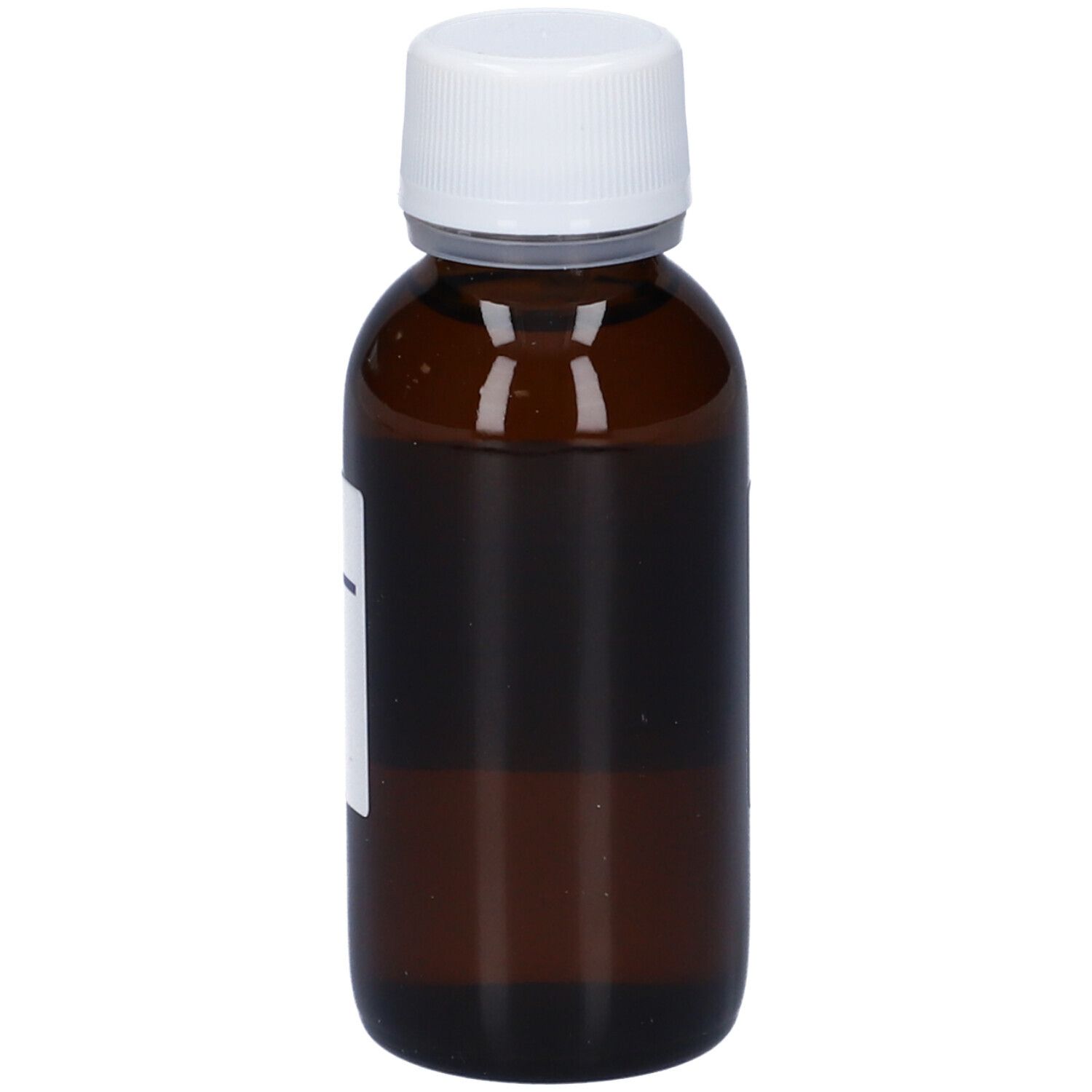 Flacone di vetro marrone con tappo bianco. Nessuna scritta visibile.