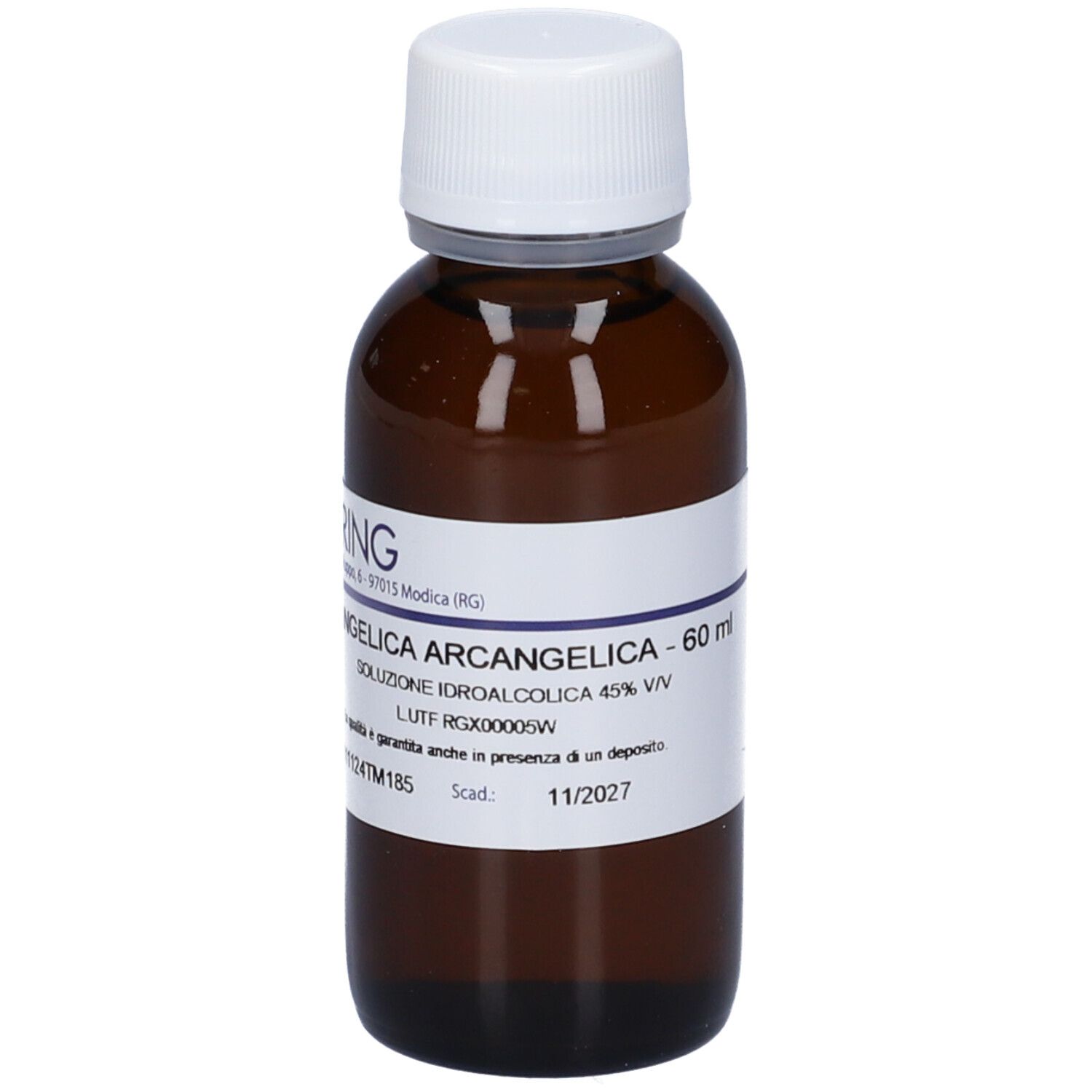 Flacone di vetro marrone con tappo bianco ed etichetta. Scritta: Angelica Archangelica - 60 ml, soluzione, 45% vol. HERING.