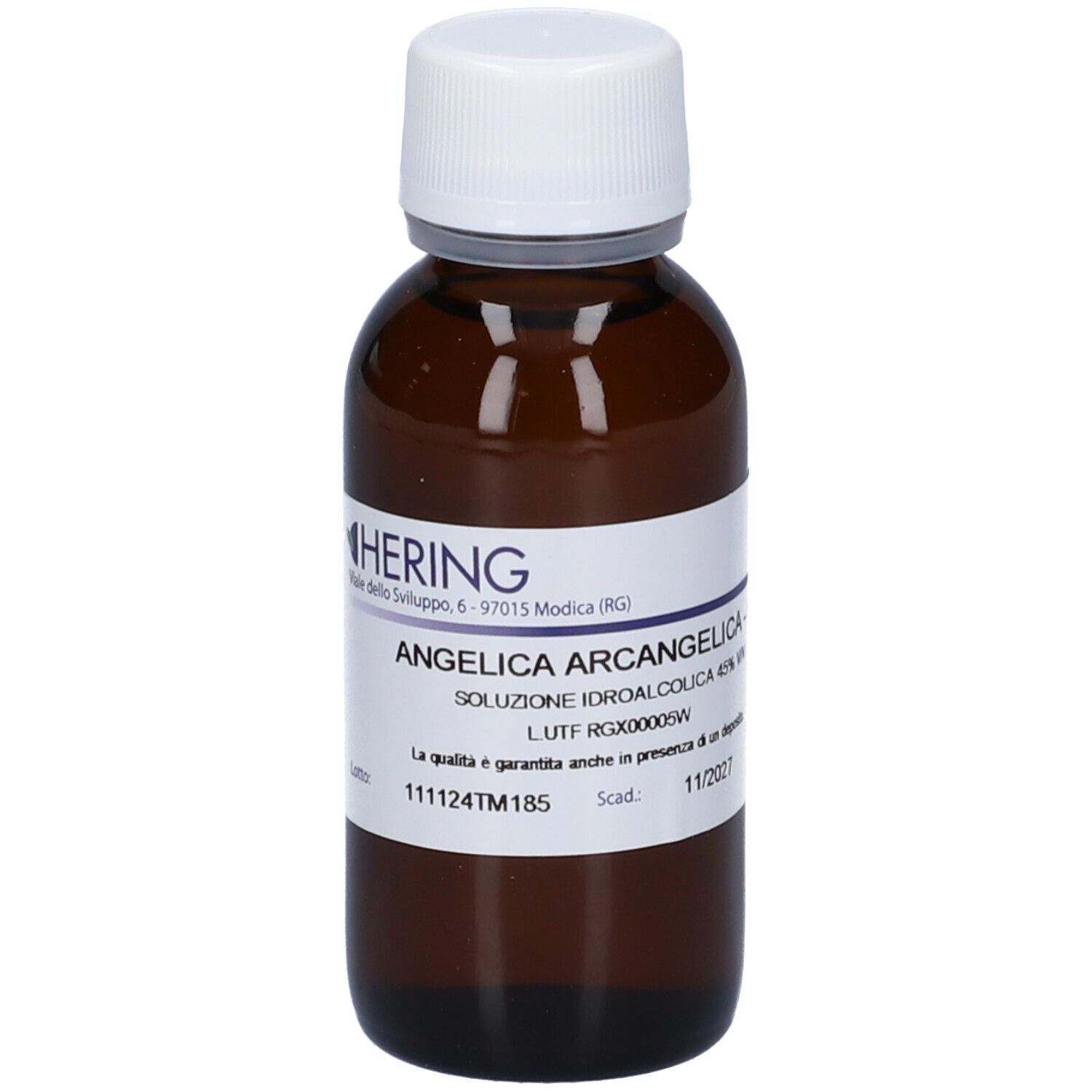 Flacone di vetro marrone con tappo bianco ed etichetta. Scritta: Angelica Archangelica, soluzione, 45% vol. HERING.