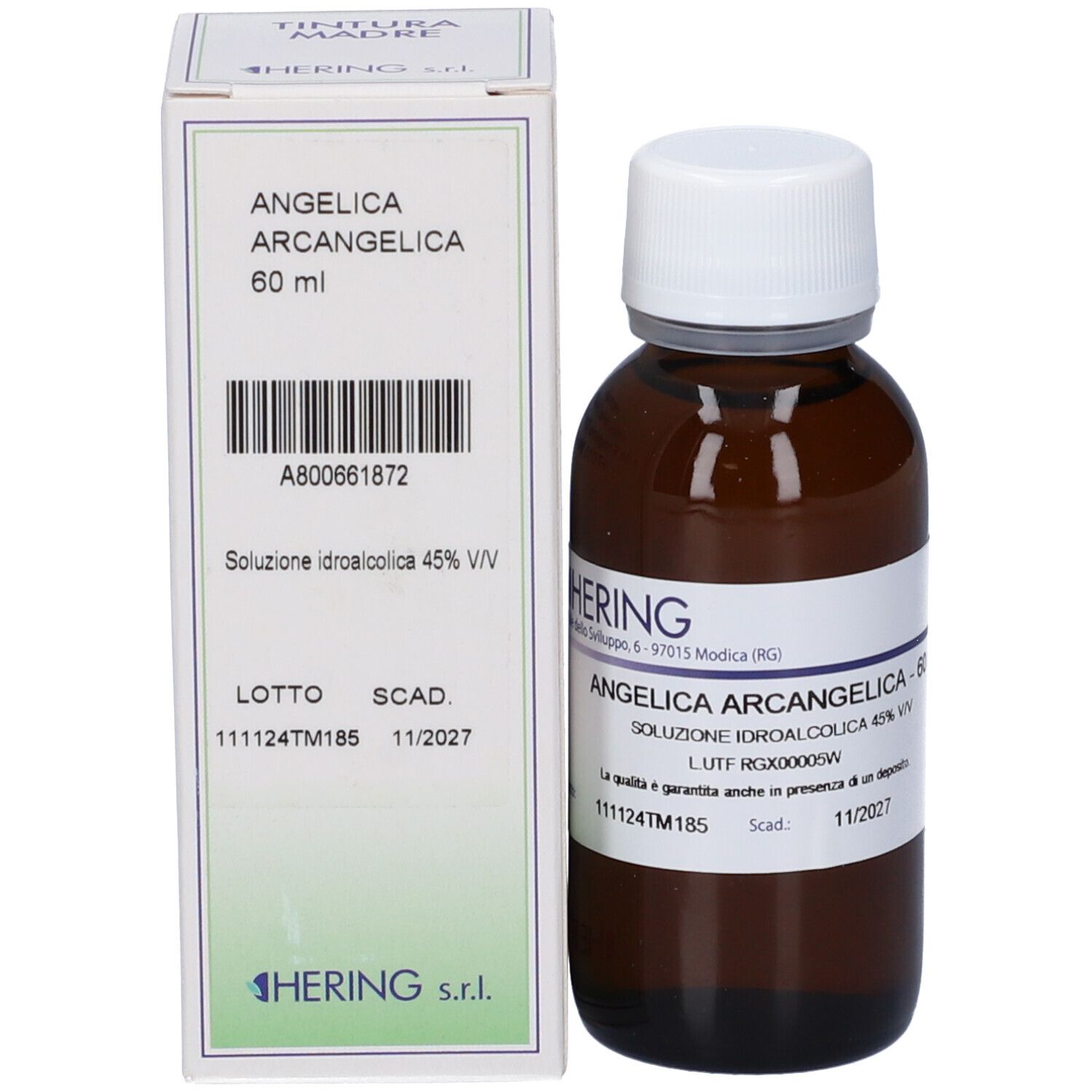 Flacone e scatola. Flacone: vetro marrone, tappo bianco. Scatola: bianca, scritta: Angelica Archangelica, 60 ml.