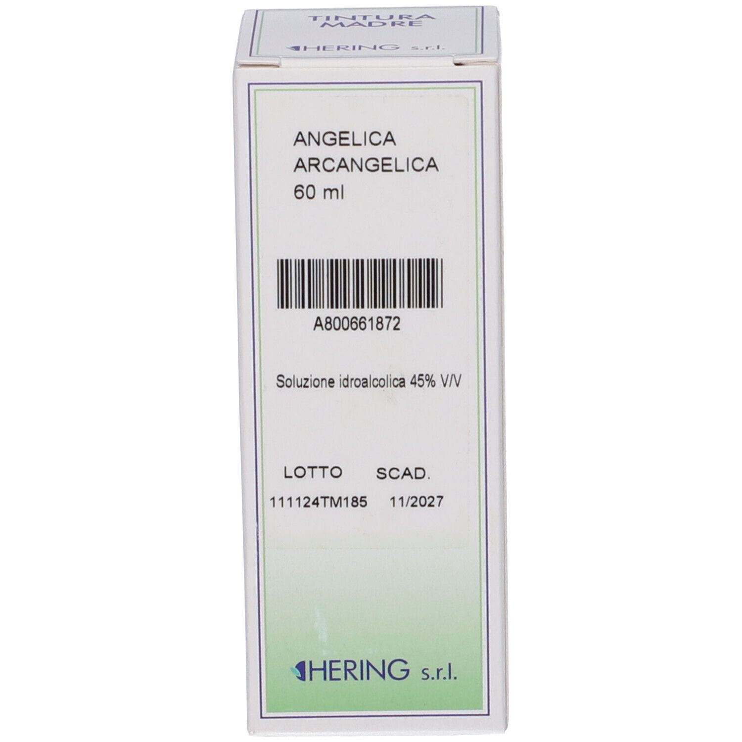 Confezione bianca del prodotto. Scritta: Angelica Archangelica, 60 ml. HERING.
