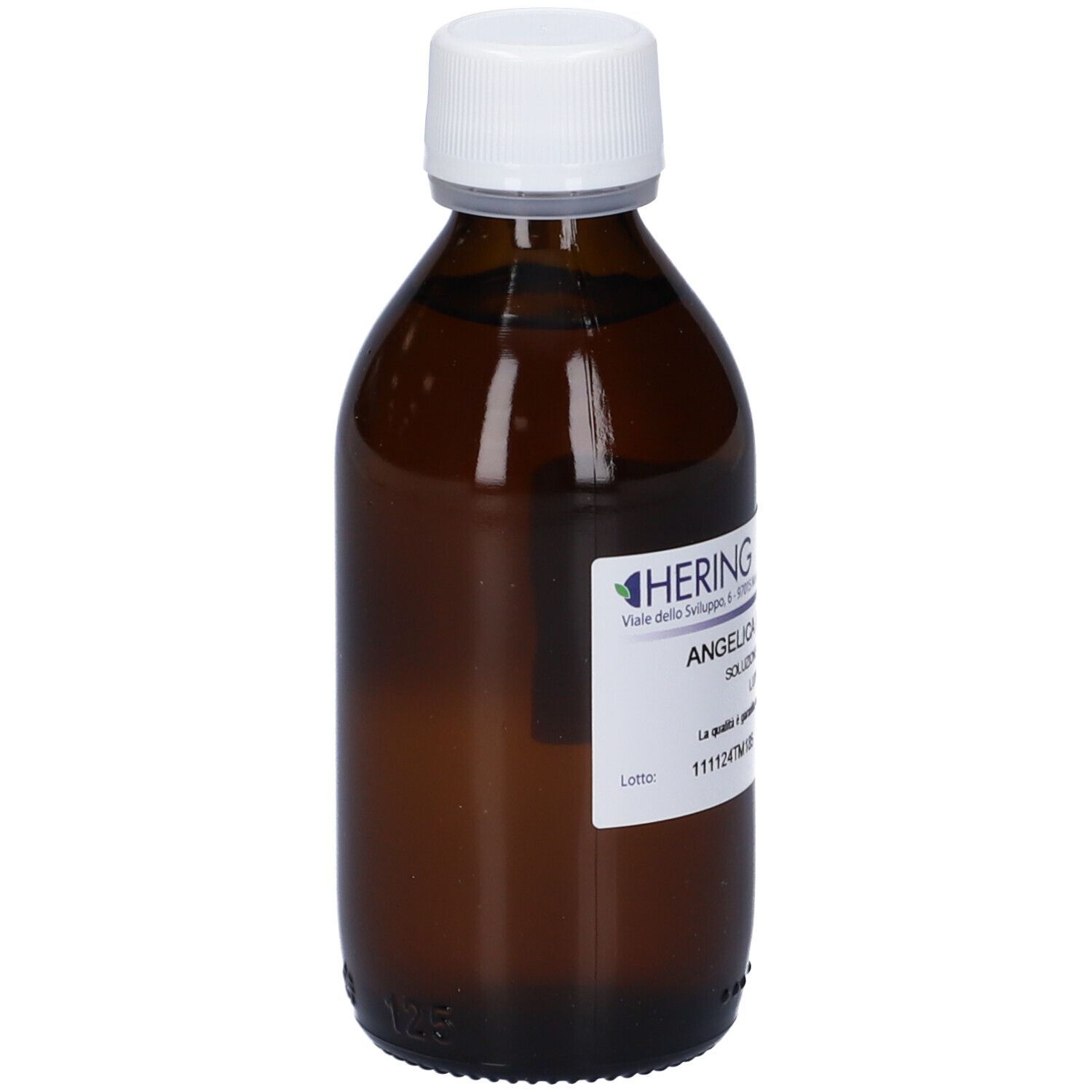 Flacone di vetro marrone con tappo bianco. Etichetta con informazioni sul prodotto. HERING Angelica Archangelica.
