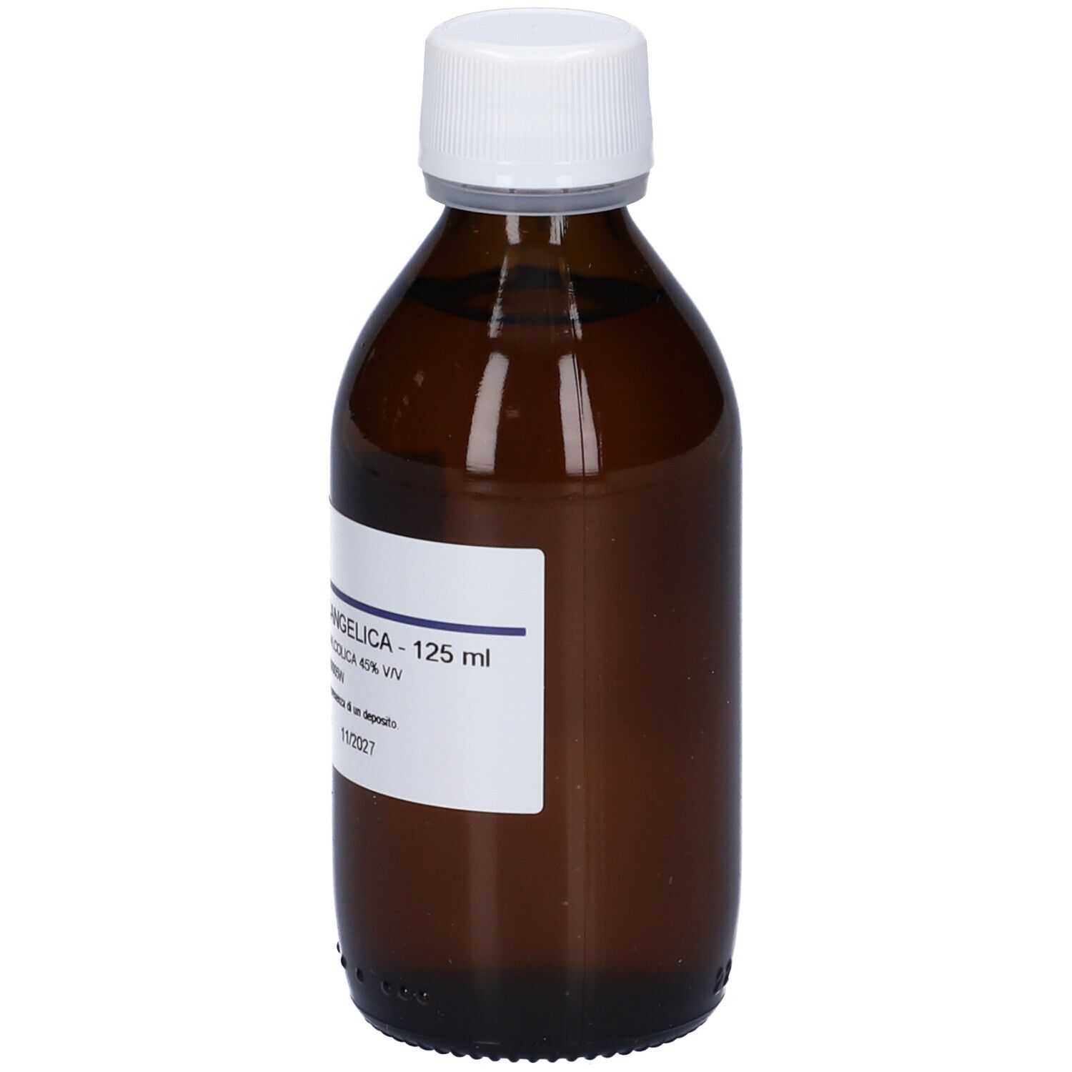 Flacone di vetro marrone con tappo bianco. Etichetta con informazioni sul prodotto. HERING Angelica Archangelica 125 ml.