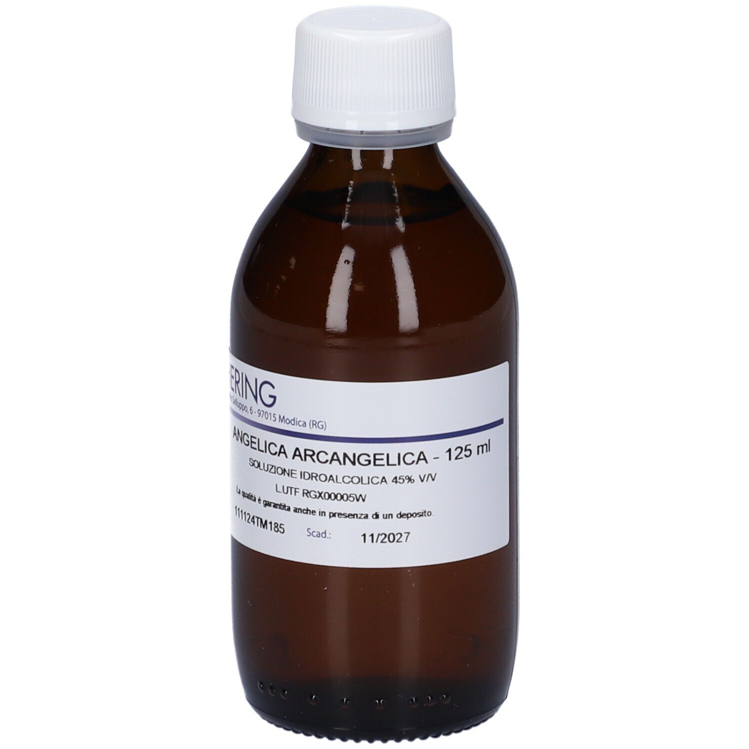 Flacone di vetro marrone con tappo bianco. Etichetta con informazioni sul prodotto. HERING Angelica Archangelica 125 ml.