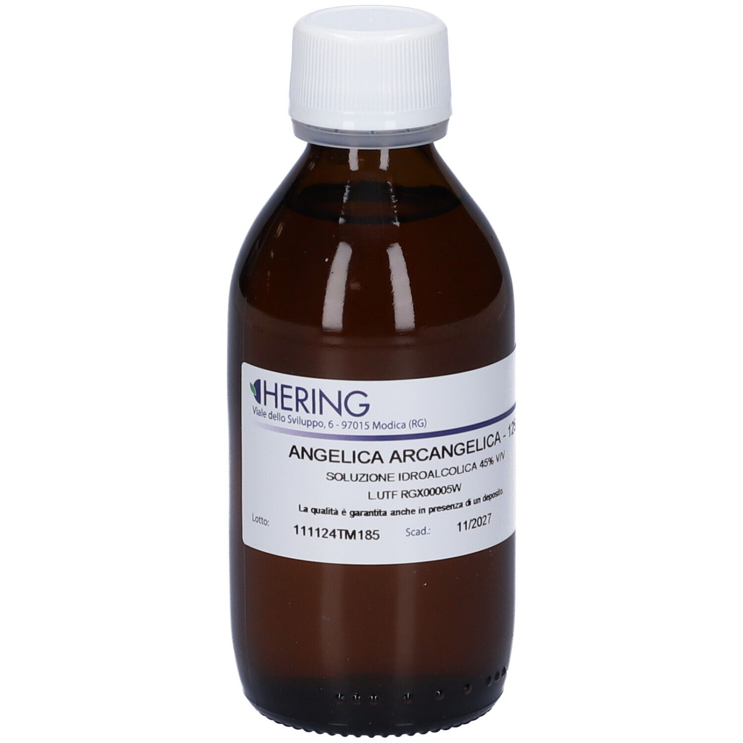 Flacone di vetro marrone con tappo bianco. Etichetta con informazioni sul prodotto. HERING Angelica Archangelica 125 ml.