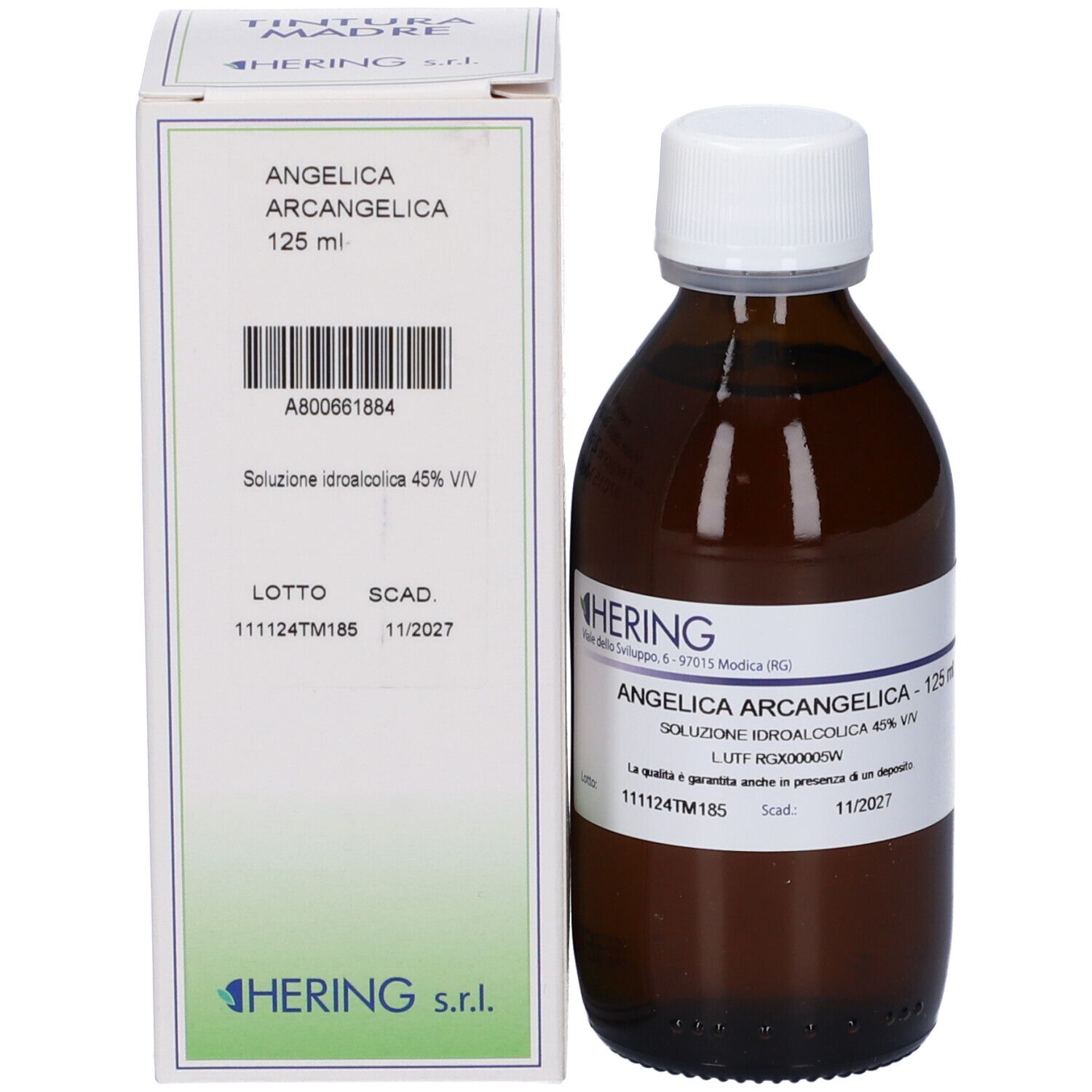 Flacone e confezione del prodotto. HERING Angelica Archangelica 125 ml. Scatola bianca con informazioni.