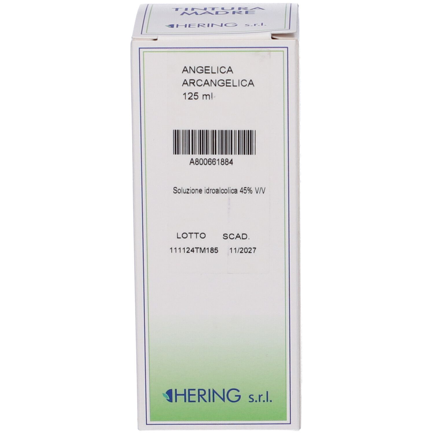 Confezione bianca del prodotto. HERING Angelica Archangelica 125 ml. Informazioni sulla confezione.
