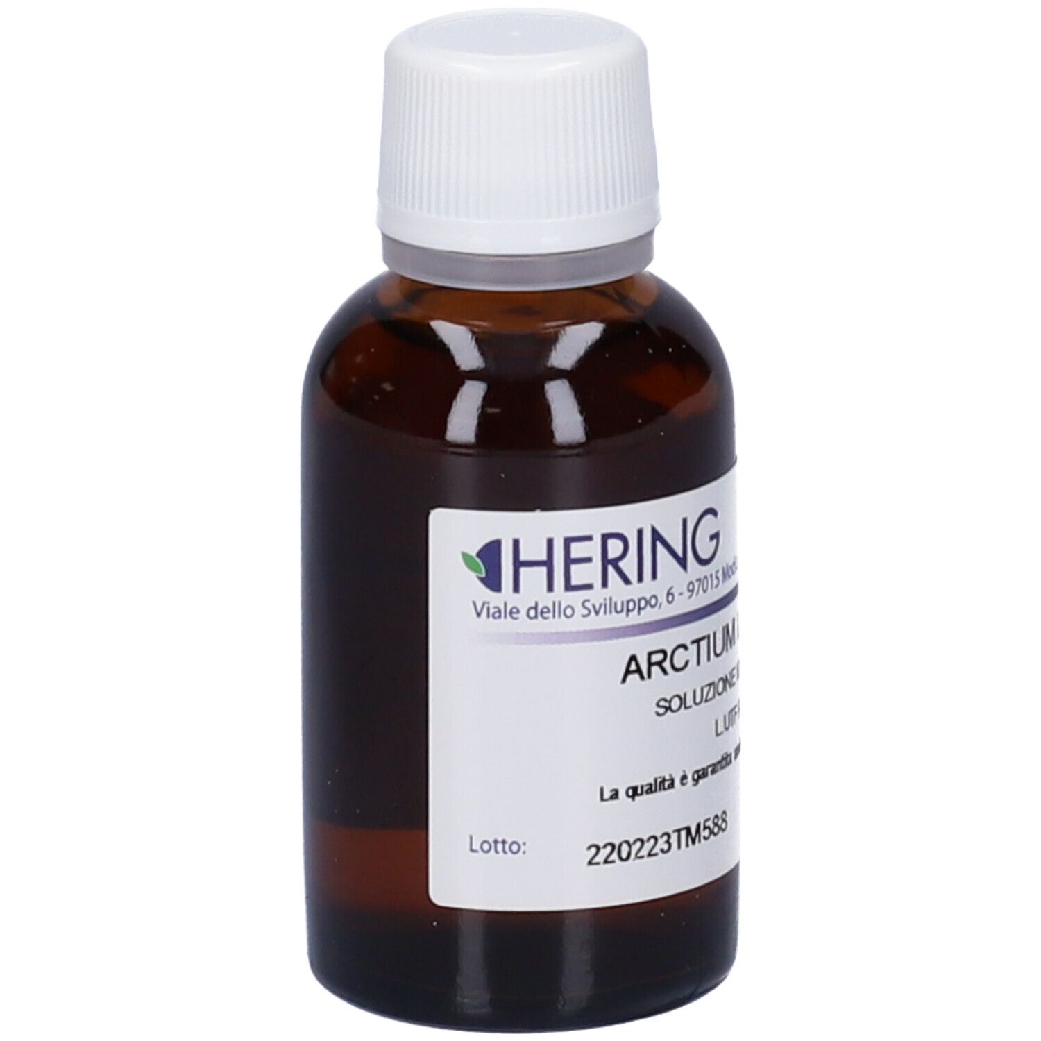 Flacone di vetro marrone con tappo bianco ed etichetta. Scritta: Arctium Lappa, HERING.
