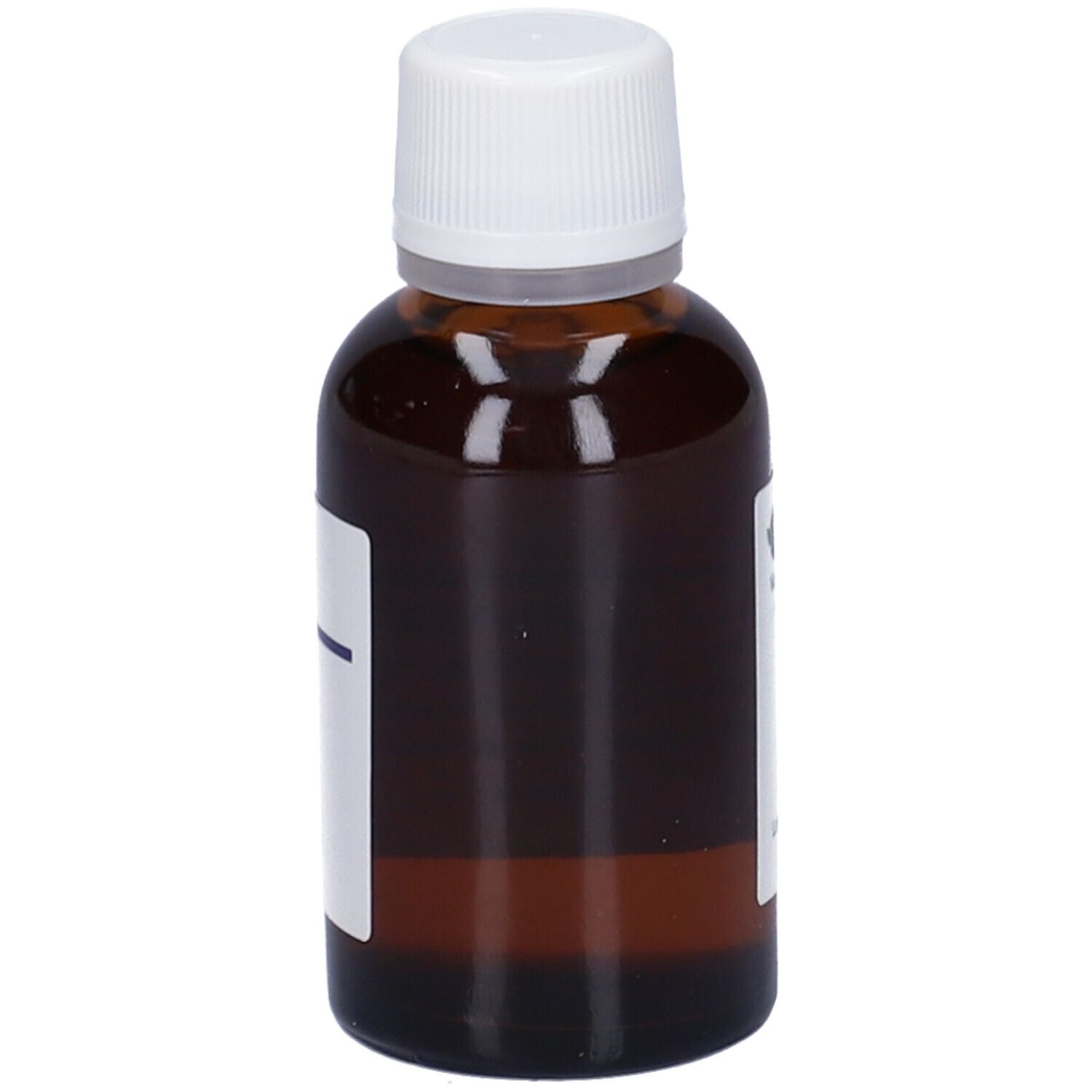 Flacone di vetro marrone con tappo bianco ed etichetta. Etichetta con testo.