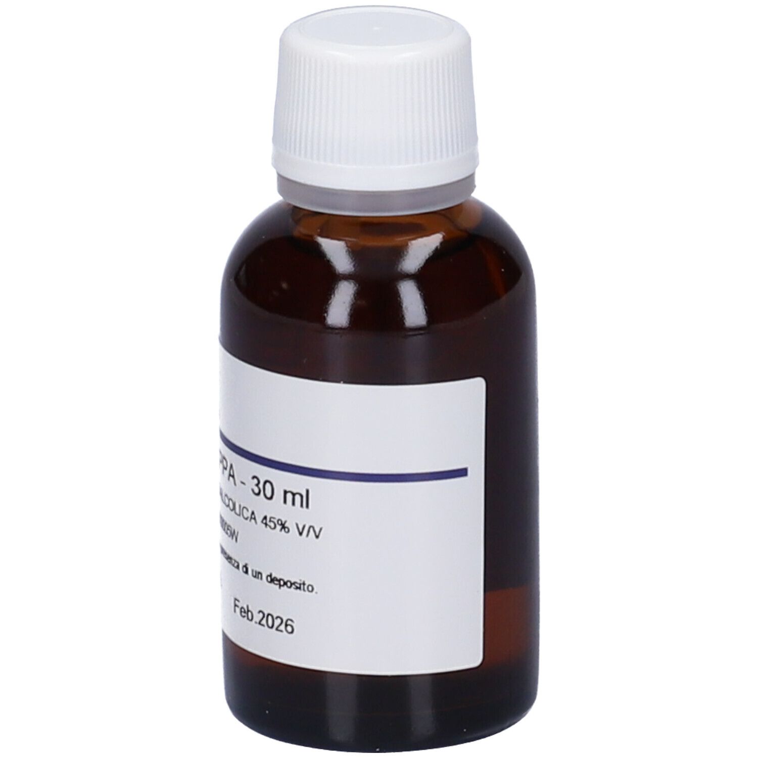 Flacone di vetro marrone con tappo bianco ed etichetta. Scritta: Arctium Lappa, 30 ml.