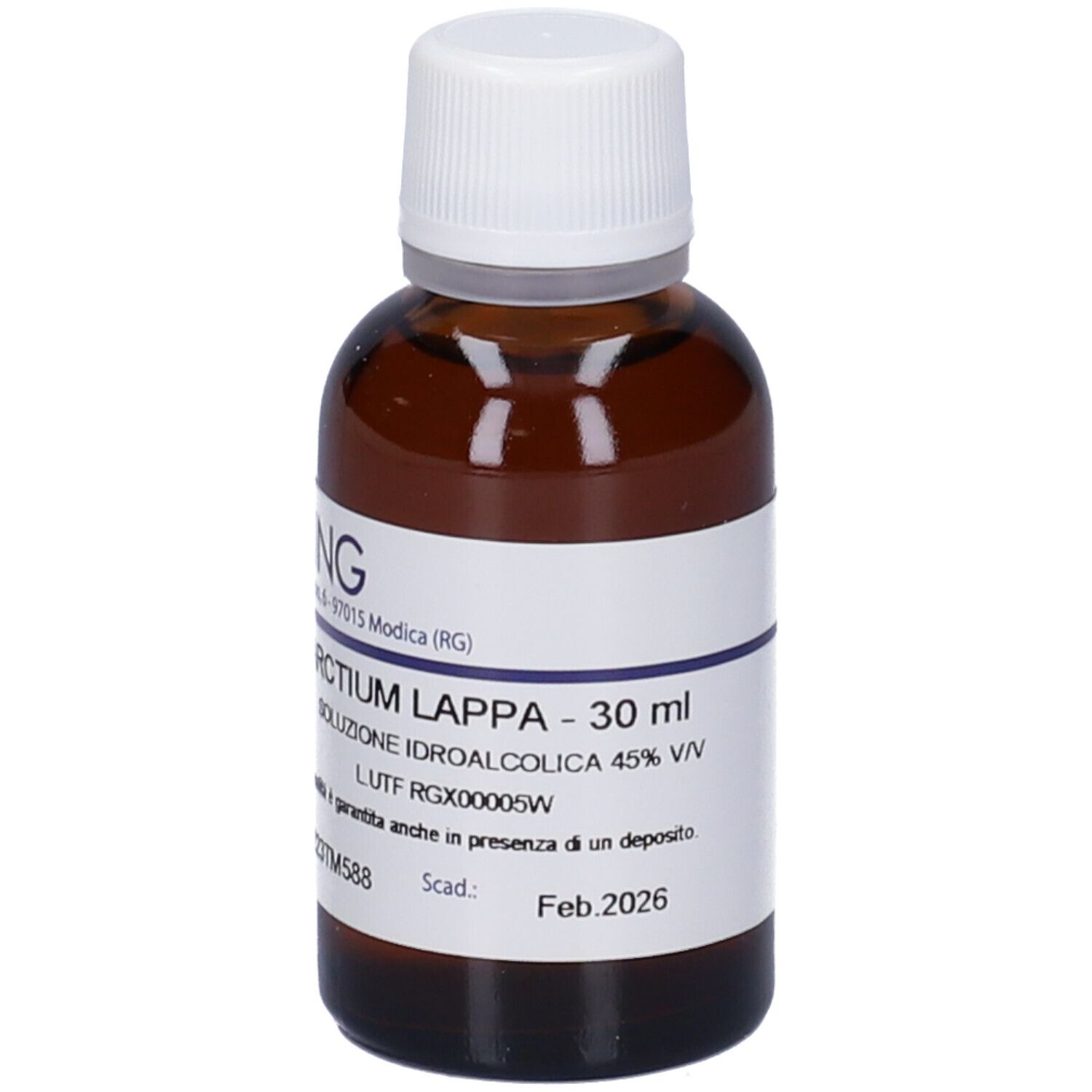 Flacone di vetro marrone con tappo bianco ed etichetta. Scritta: Arctium Lappa, 30 ml, HERING.