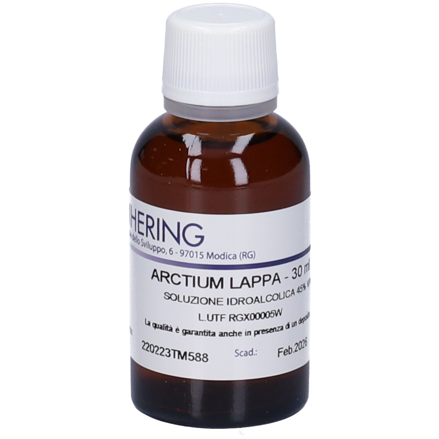 Flacone di vetro marrone con tappo bianco ed etichetta. Scritta: Arctium Lappa, 30 ml, HERING.