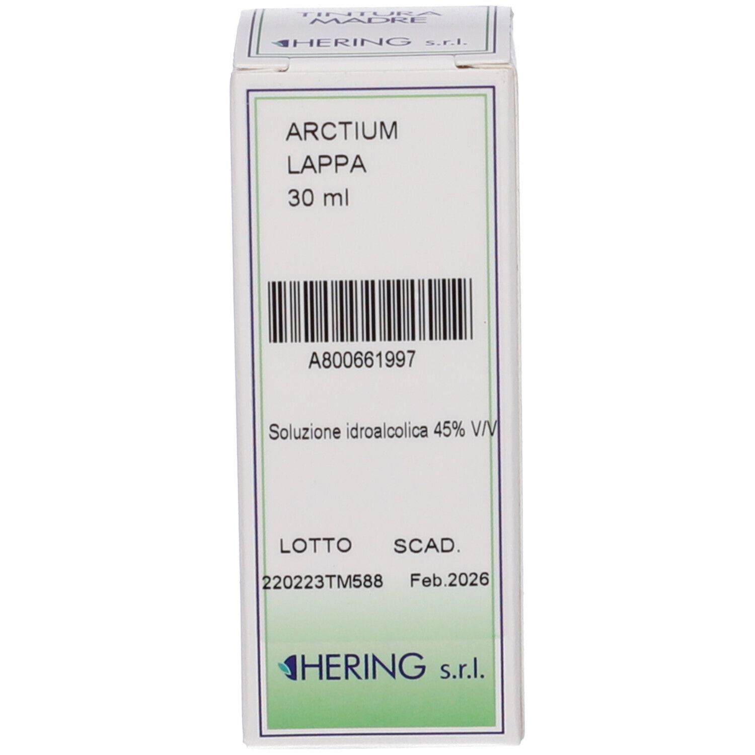 Confezione bianca del prodotto. Scritta: Arctium Lappa, 30 ml, HERING.
