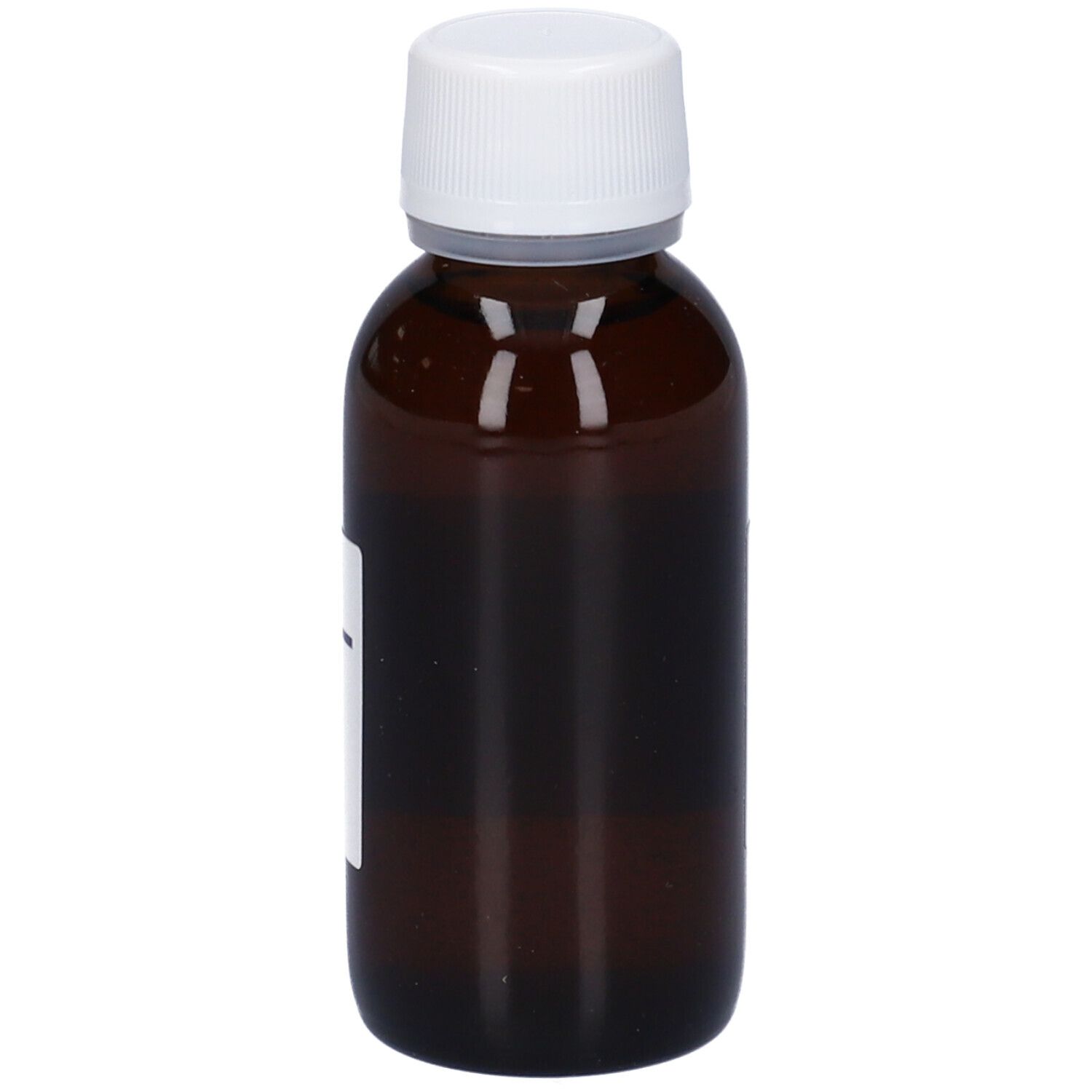 Flacone di vetro marrone con tappo bianco. Etichetta parzialmente visibile. Nessun altro dettaglio visibile.