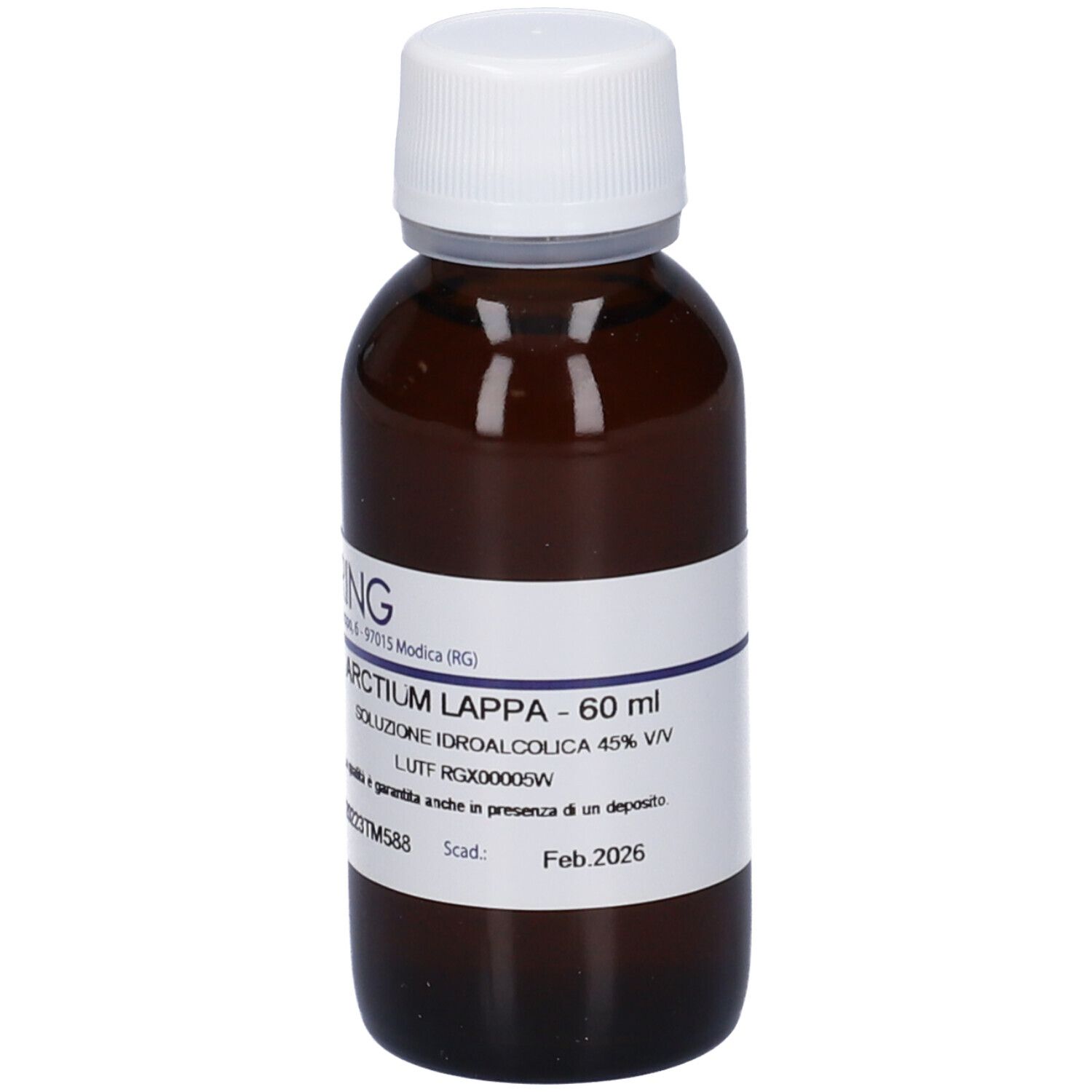 Flacone di vetro marrone con tappo bianco. Etichetta con testo: HERING, Arctium Lappa - 60 ml, soluzione. Scadenza: Feb. 2026.