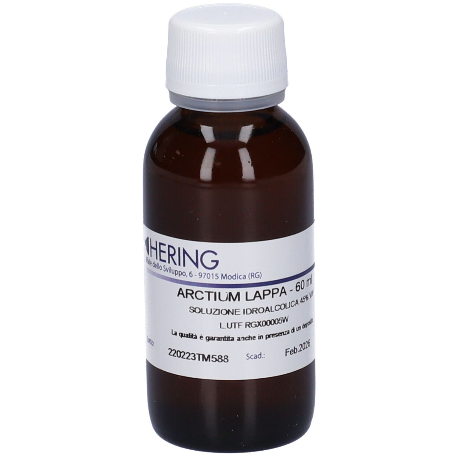 Flacone di vetro marrone con tappo bianco. Etichetta con testo: HERING, Arctium Lappa - 60 ml, soluzione. Stampa: Feb 2026.