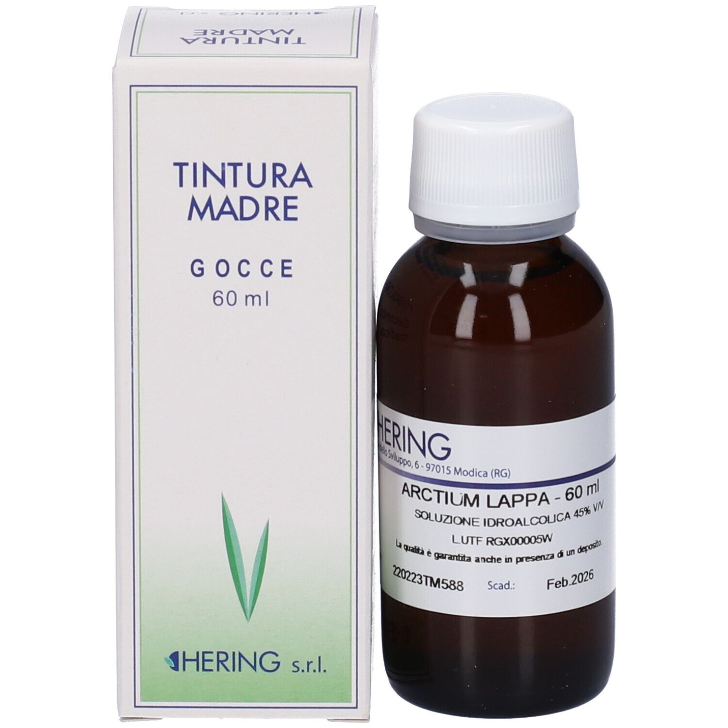 Flacone di vetro marrone con tappo bianco e scatola. Scatola con testo: TINTURA MADRE, Gocce, 60 ml. Flacone con etichetta.