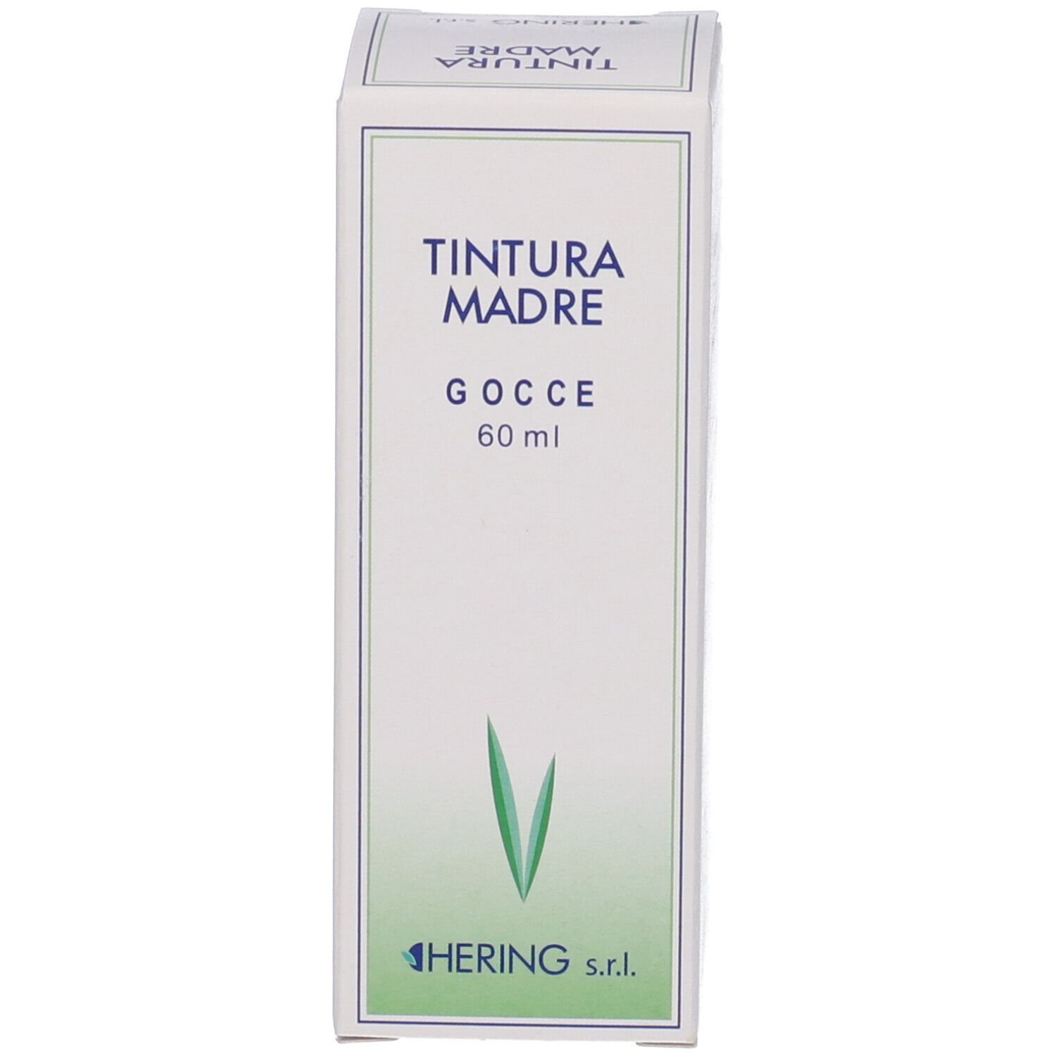 Confezione in cartone bianco con testo: TINTURA MADRE, Gocce, 60 ml. Logo: HERING s.r.l. Design verde e bianco.
