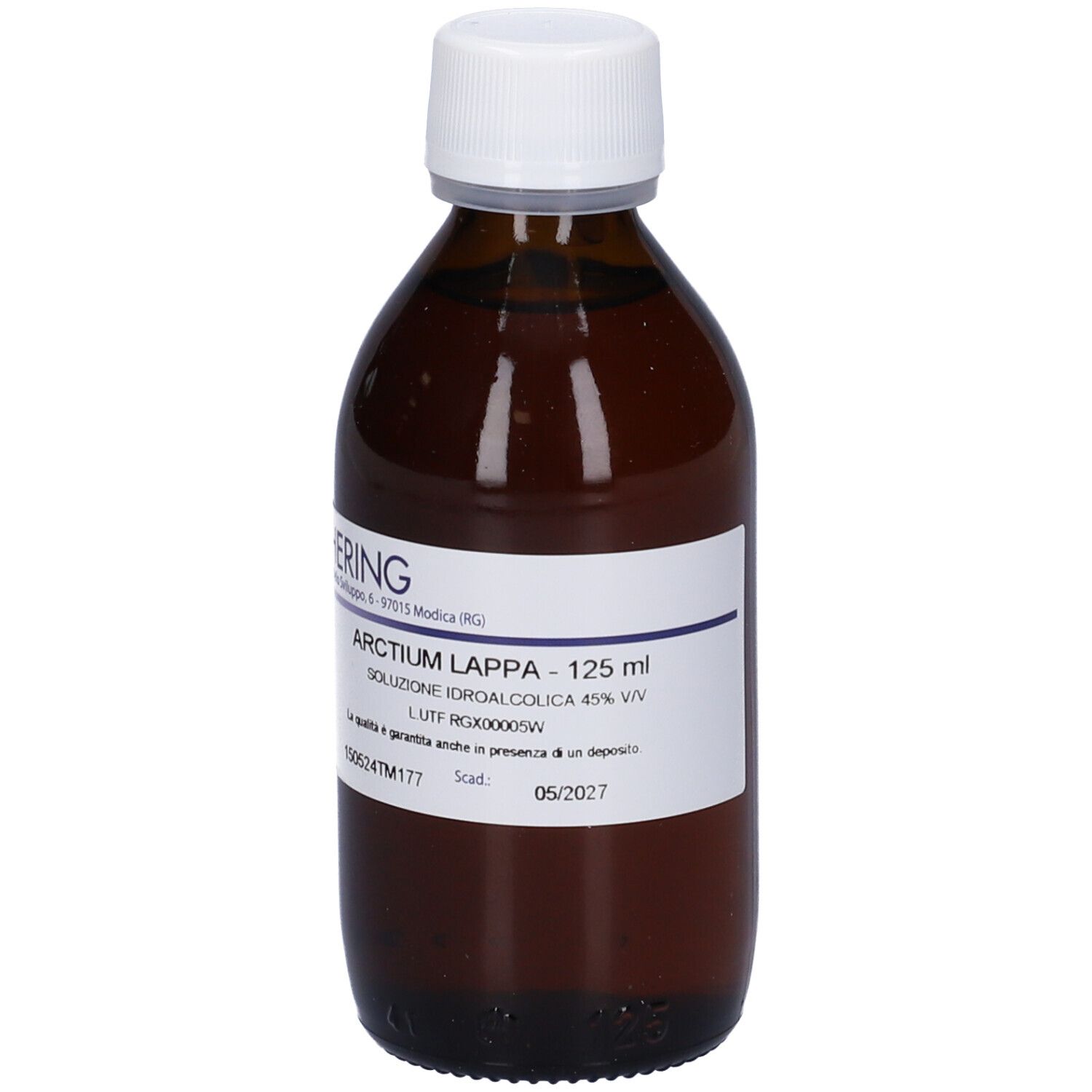 Flacone di vetro marrone con tappo bianco. Etichetta con informazioni sul prodotto. Logo HERING visibile. Testo: Arctium Lappa, 125 ml.